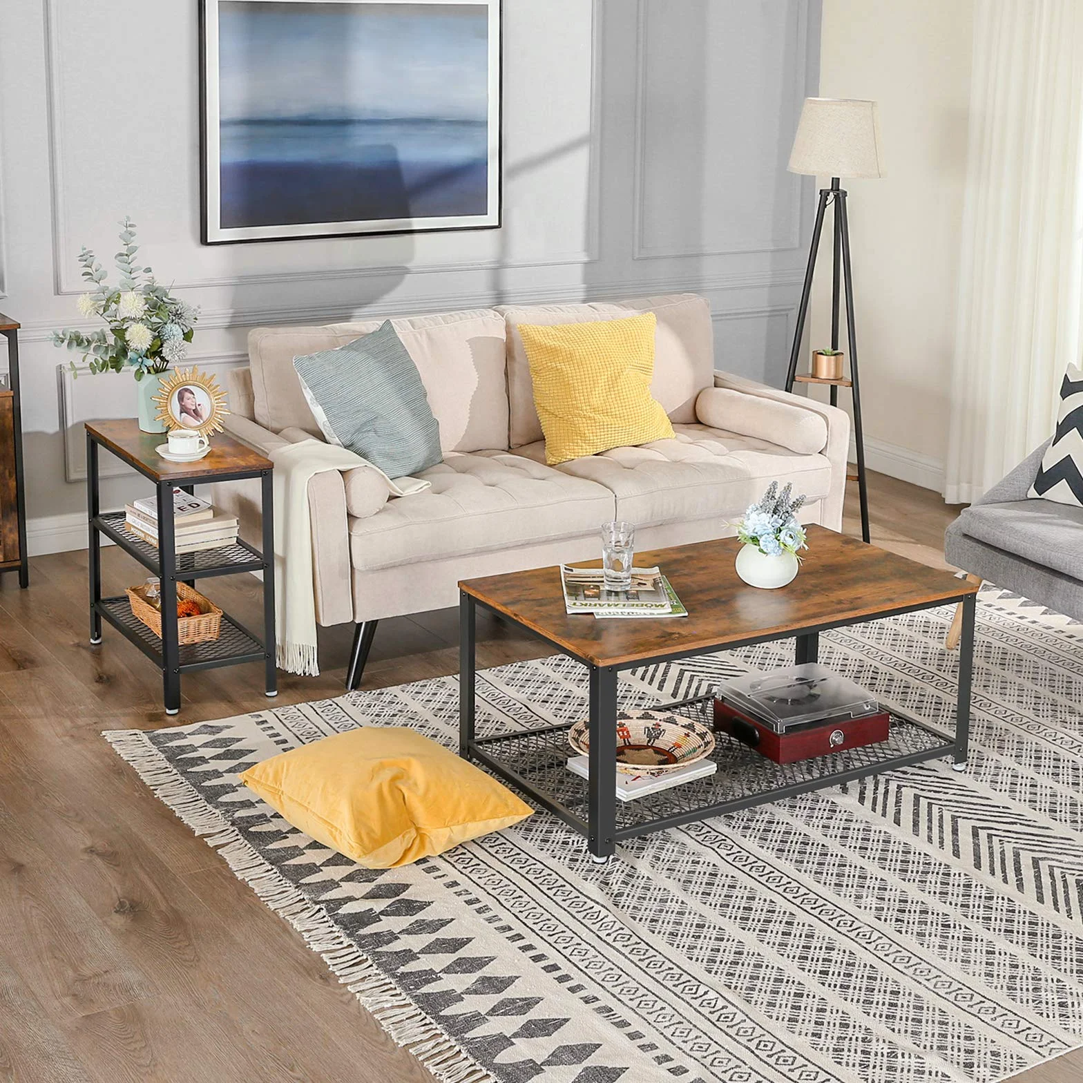 VASAGLE LET33BX - Mesa Auxiliar (2 estantes de Malla, para Pasillo, salón, Dormitorio, Oficina, Ahorro de Espacio, Montaje fácil, Estilo Industrial, marrón rústico