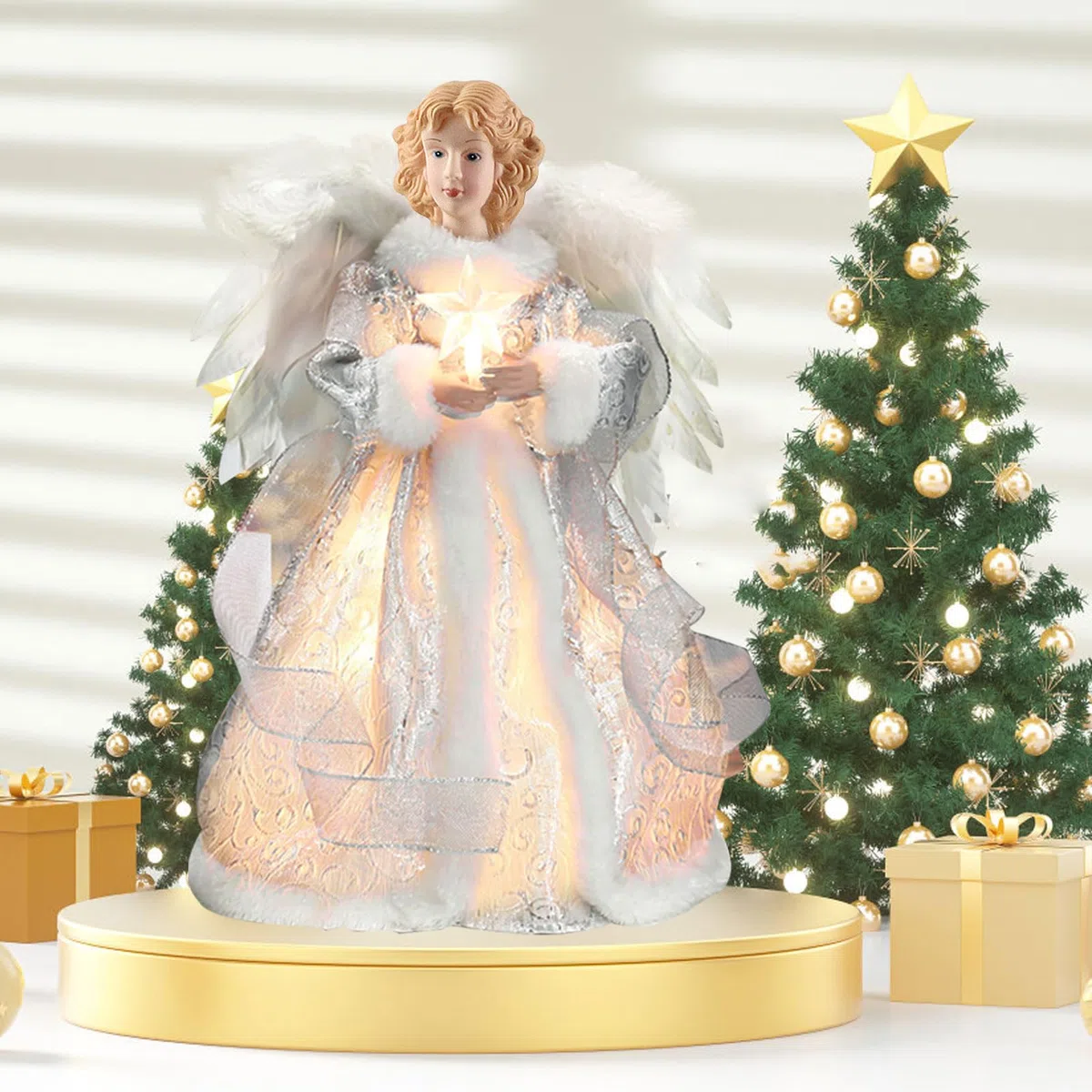 Punta para árbol de Navidad con ángel, figura con ángel de Navidad, decoración navideña para interiores con alas de plumas, 12,6 pulgadas (plateada)