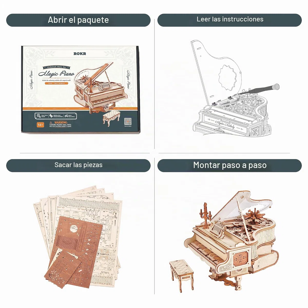 ROKR Puzzle 3D Madera Maquetas para Construir Adultos Rompecabezas Caja Musical Mágico de Piano Mecánico, Juegos de Construcción de Modelos Mecánicos, Manualidades para Adultos, Magic Piano