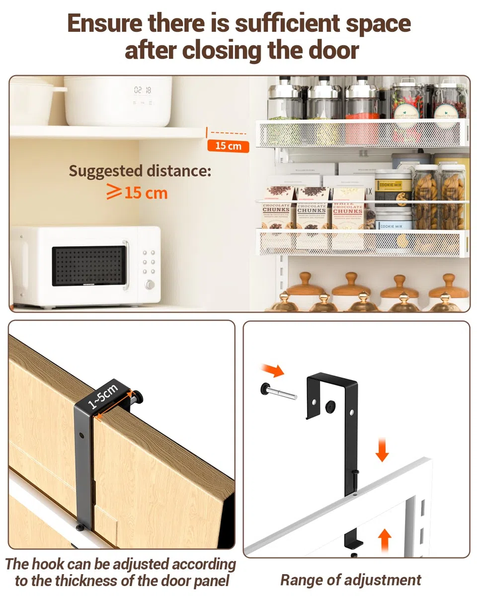 Almacenamiento Sobre la Puerta, Organizador de Despensa de Puerta Ajustable de 6 niveles con Gancho Para Cada, Estante de Especias de Metal Colgante en la Puerta Trasera para Cocina Baño, Blanco