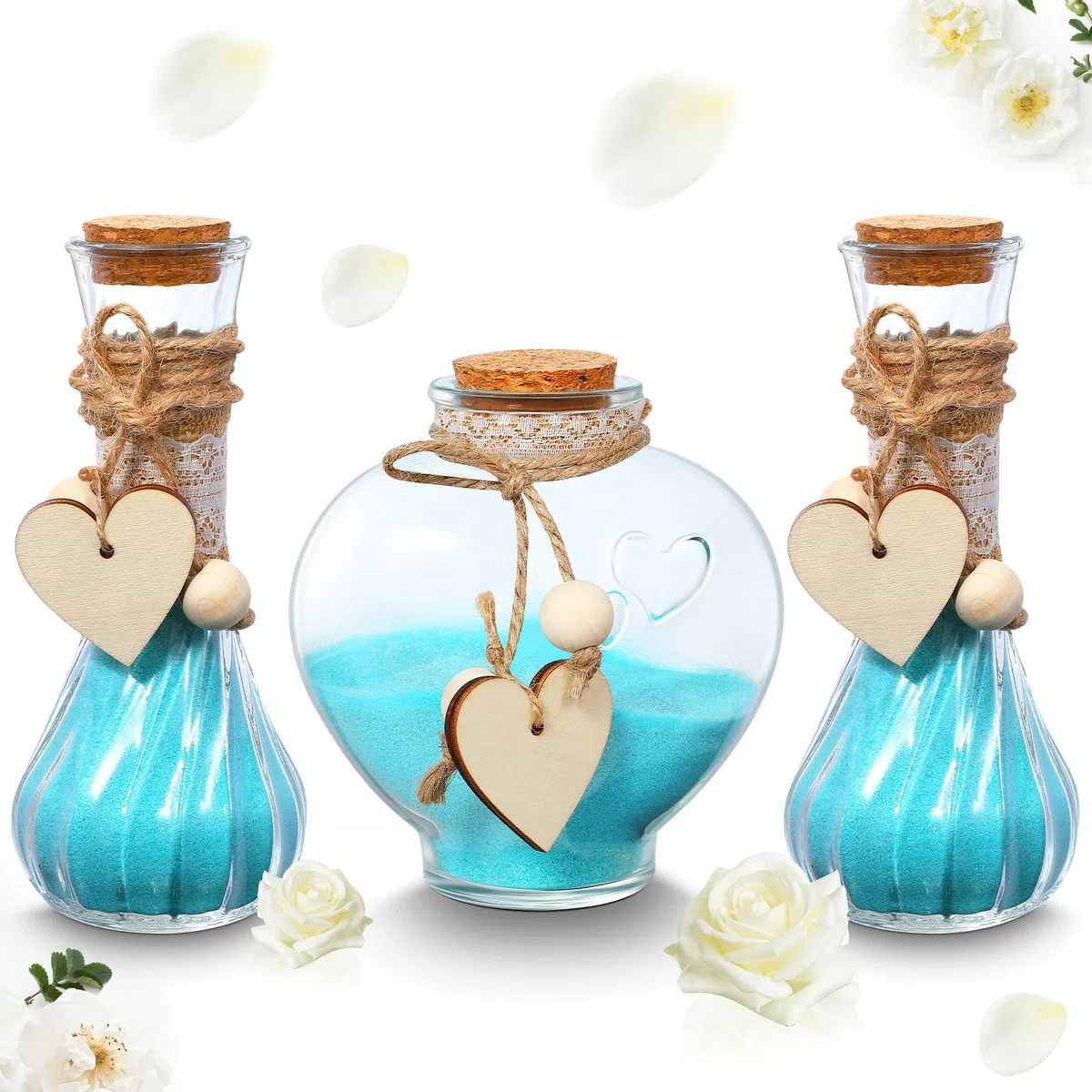 Layhit El juego de ceremonia de arena de Unity incluye 3 jarrones decorativos con mangas de arpillera y encaje y cuerda de cáñamo de madera, kit de ceremonia personalizado para centro de mesa de boda