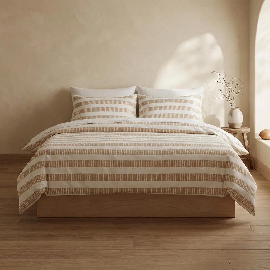 GAMUSI Juego Funda nórdica Cama 90 100% algodón - Funda Almohada 45x110 cm, Estampado líneas Beige