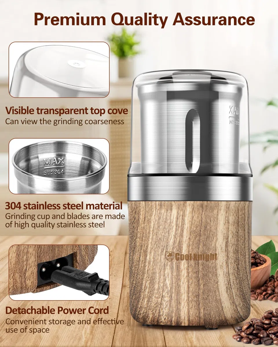 COOL KNIGHT Molinillo De Café EléCtrico, Molinillo De Cafe Con Cuchara Para Café Y 1 Recipiente De Molienda De Acero Inoxidable. Capacidad De 100g, Adecuado Para Especias, Granos De Café, Nueces, Etc.