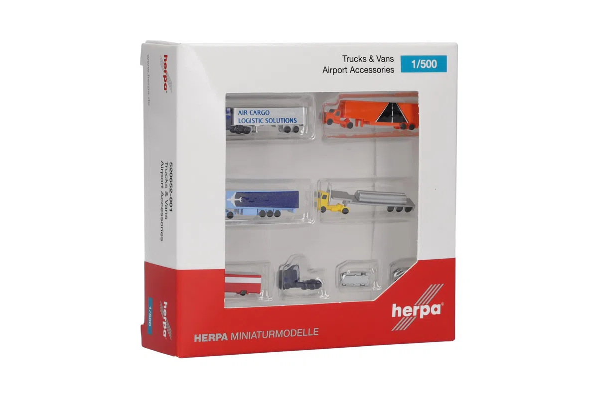 herpa Accesorio para Camiones y Furgonetas, Set de Accesorios de Aeropuerto a Escala 1:500, Camiones y Coches en Miniatura, Accesorio para Trenes, Modelo en Miniatura, plástico.