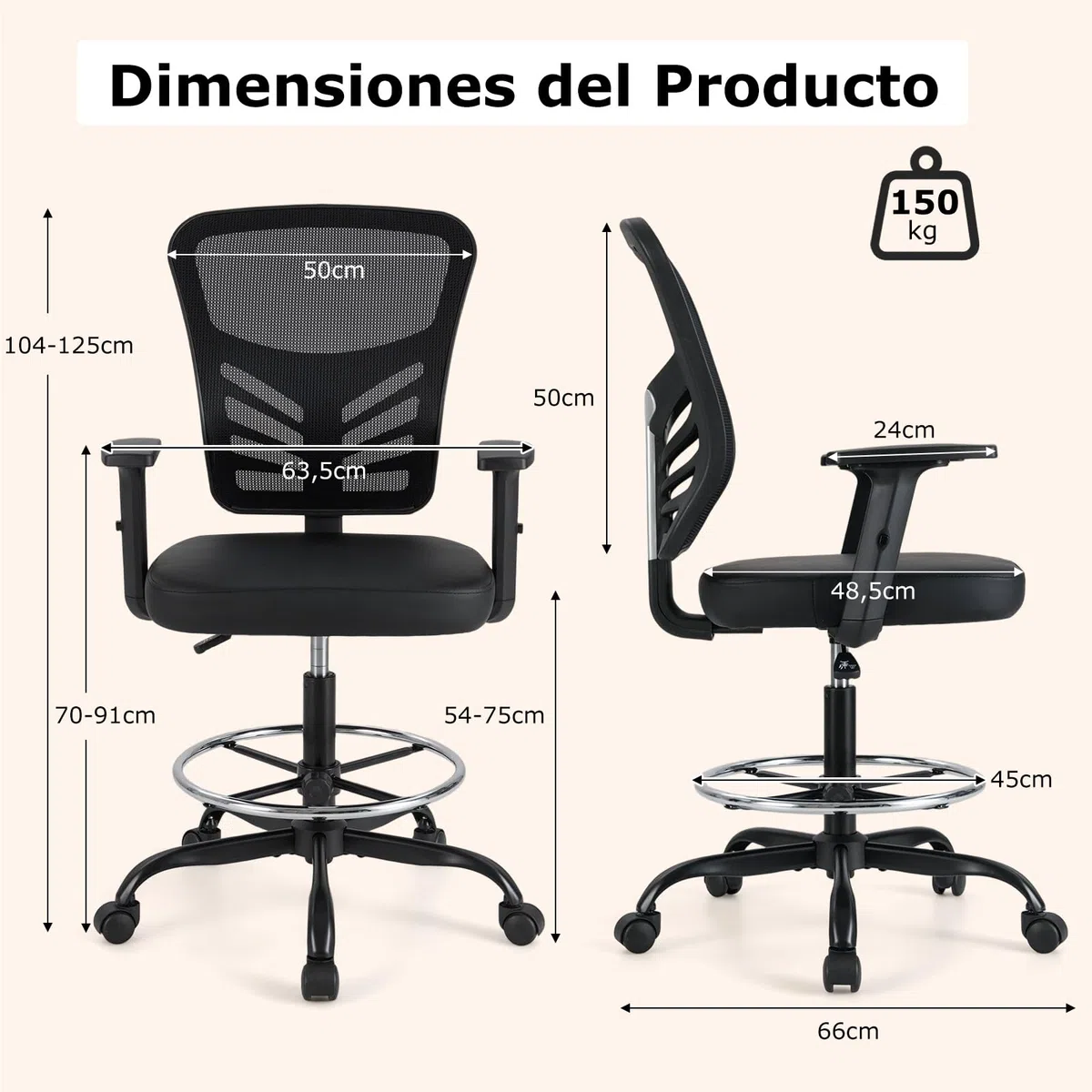 GYMAX Silla de Dibujo, Silla de Oficina Giratoria con Altura Ajustable, con Reposabrazos y Reposapiés Ajustables, Soporte Lumbar, Asiento Ergonómico, Elevador de Gas, Silla de Trabajo para Hogar