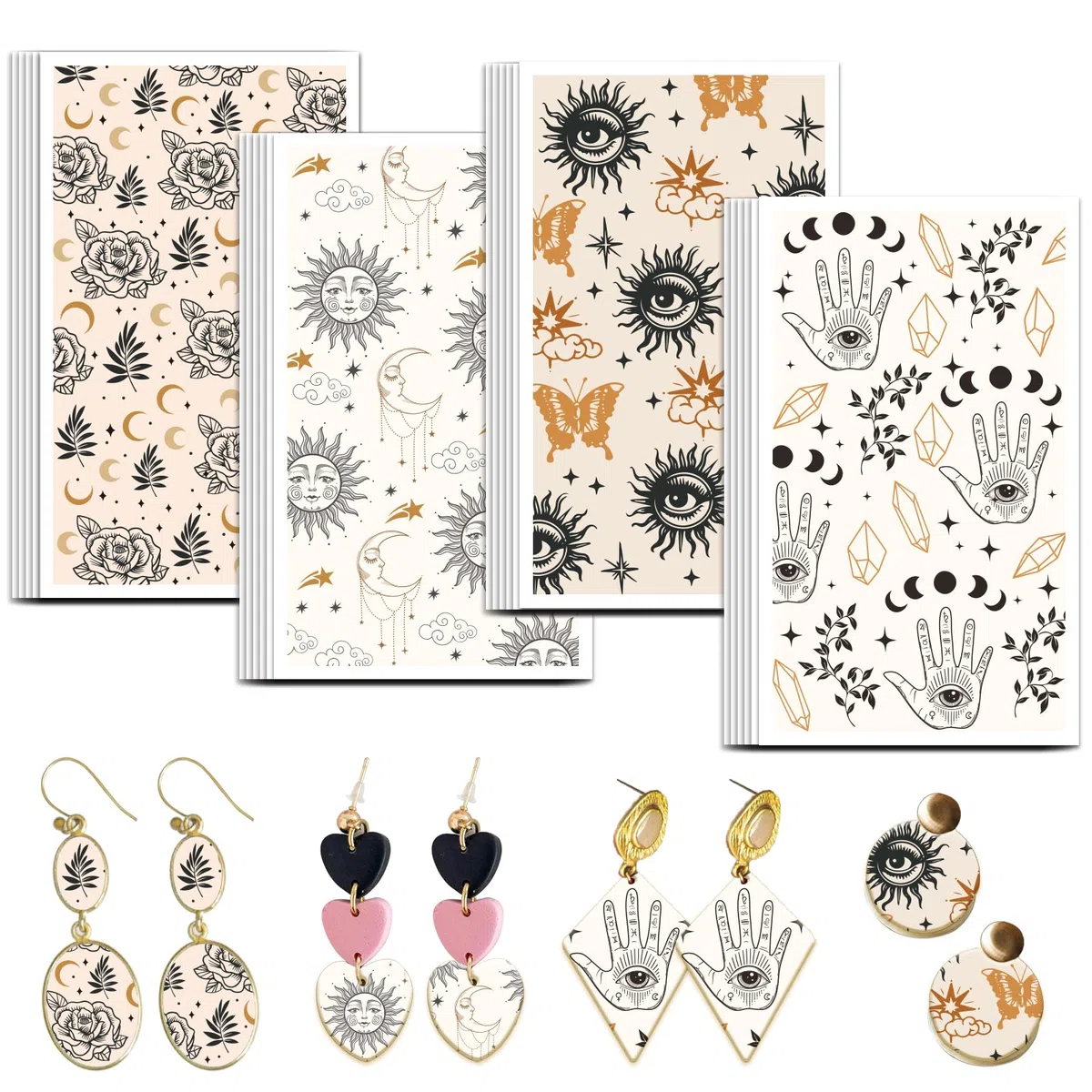 OLYCRAFT Papel de transferencia de arcilla bohemia, 4 diseños, 24 unidades, papel de transferencia para arcilla polimérica, sol, luna, hojas de transferencia de arcilla polimérica, papel de