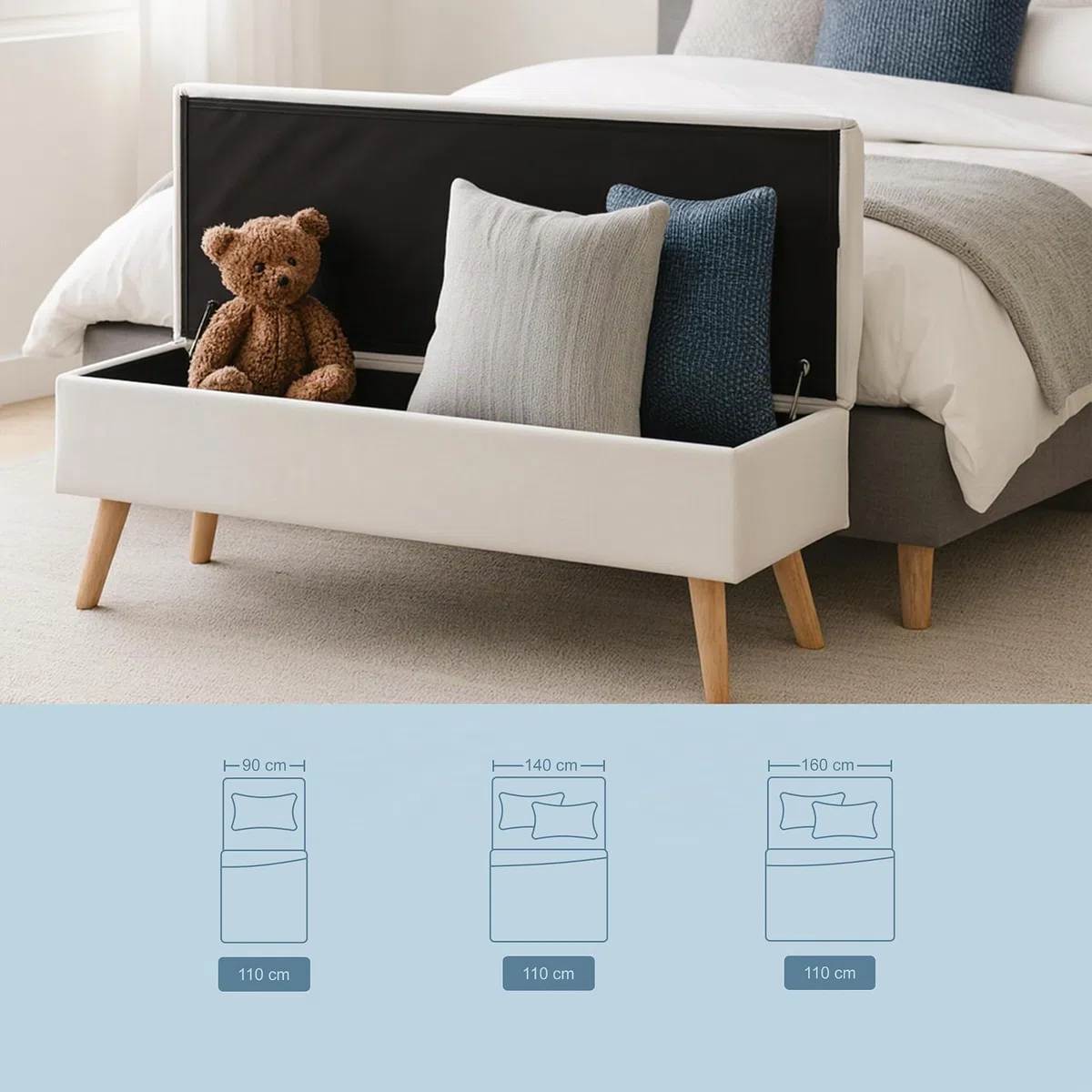 Banco Relaxdays de Lino, con Almacenamiento, 40 x 110 x 40 cm, Patas de Madera, Banco tapizado para Dormitorio, Blanco