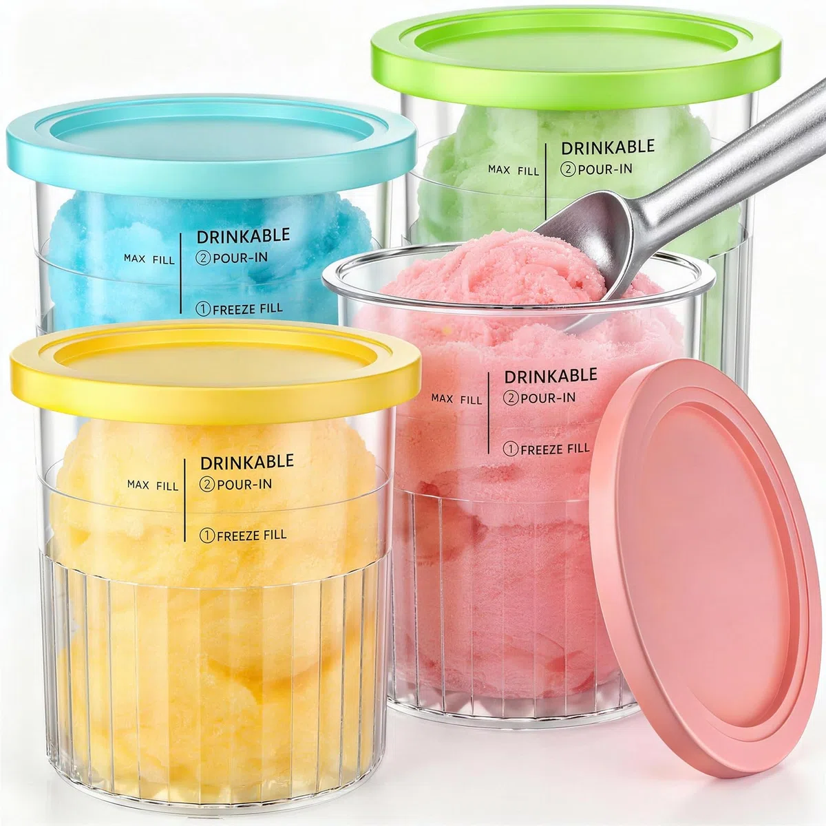Kssvzz 4 Piezas Ninja Creami Deluxe, Recipiente para Helados con Tapa Reutilizables, Libre de BPA, Apto para Lavavajillas, 24 oz Aptos para Lavavajillas, sin BPA, con Cuchara de Aluminio (NC500)