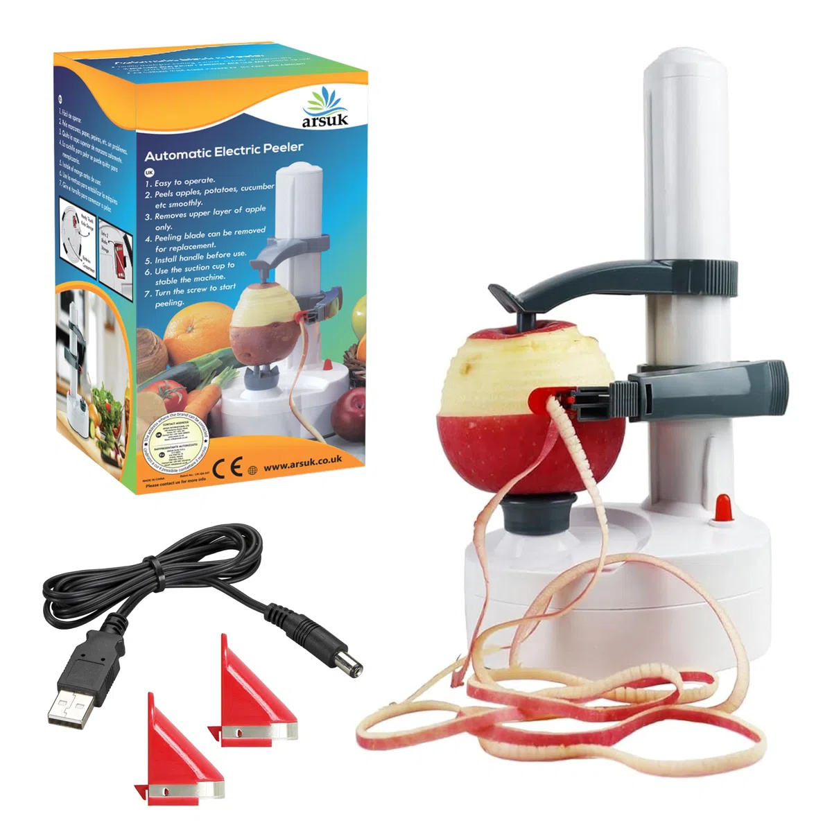 ARSUK Peladora eléctrica multifunción Peladora de Manzana giratoria automática Peladora de Patatas Máquina de Corte de Verduras Herramienta de pelado de Cocina de Acero (Blanco)