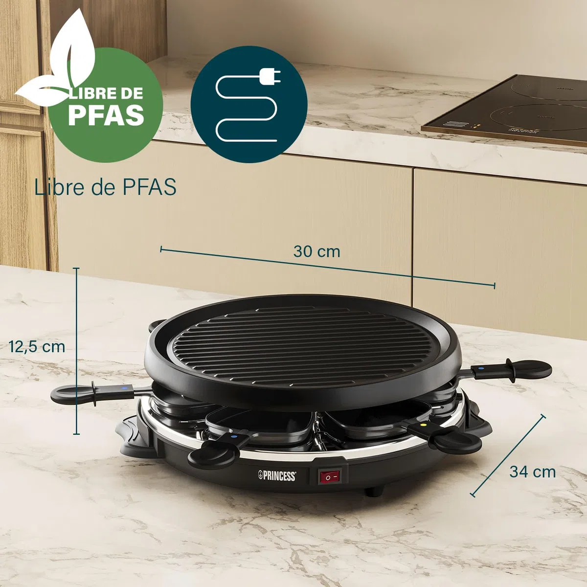 Princess petra Electric Raclette 6 Grill Party – Raclette para 6 personas con forma redonda - 162725