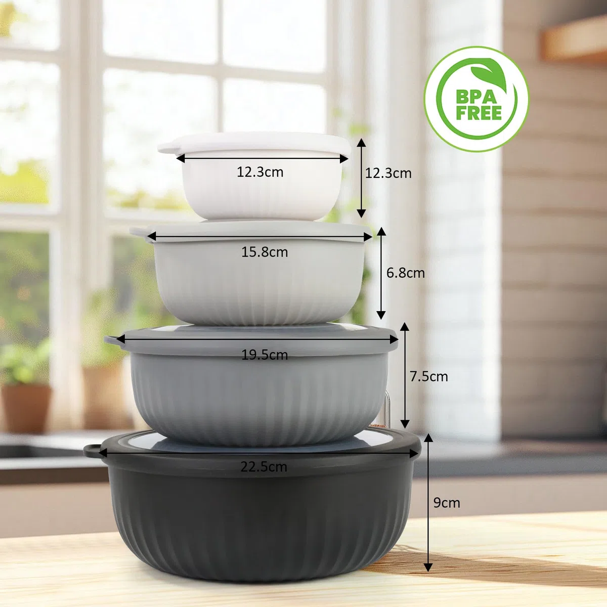 VINATO Bowl 4 Piezas (0.4L/0.78L/1.4L/2.2L) TPE+PP Sin BPA - Apto Microondas, Lavavajillas y Nevera | Bowls Cocina | Ensaladera Grande Con Tapa, Negro