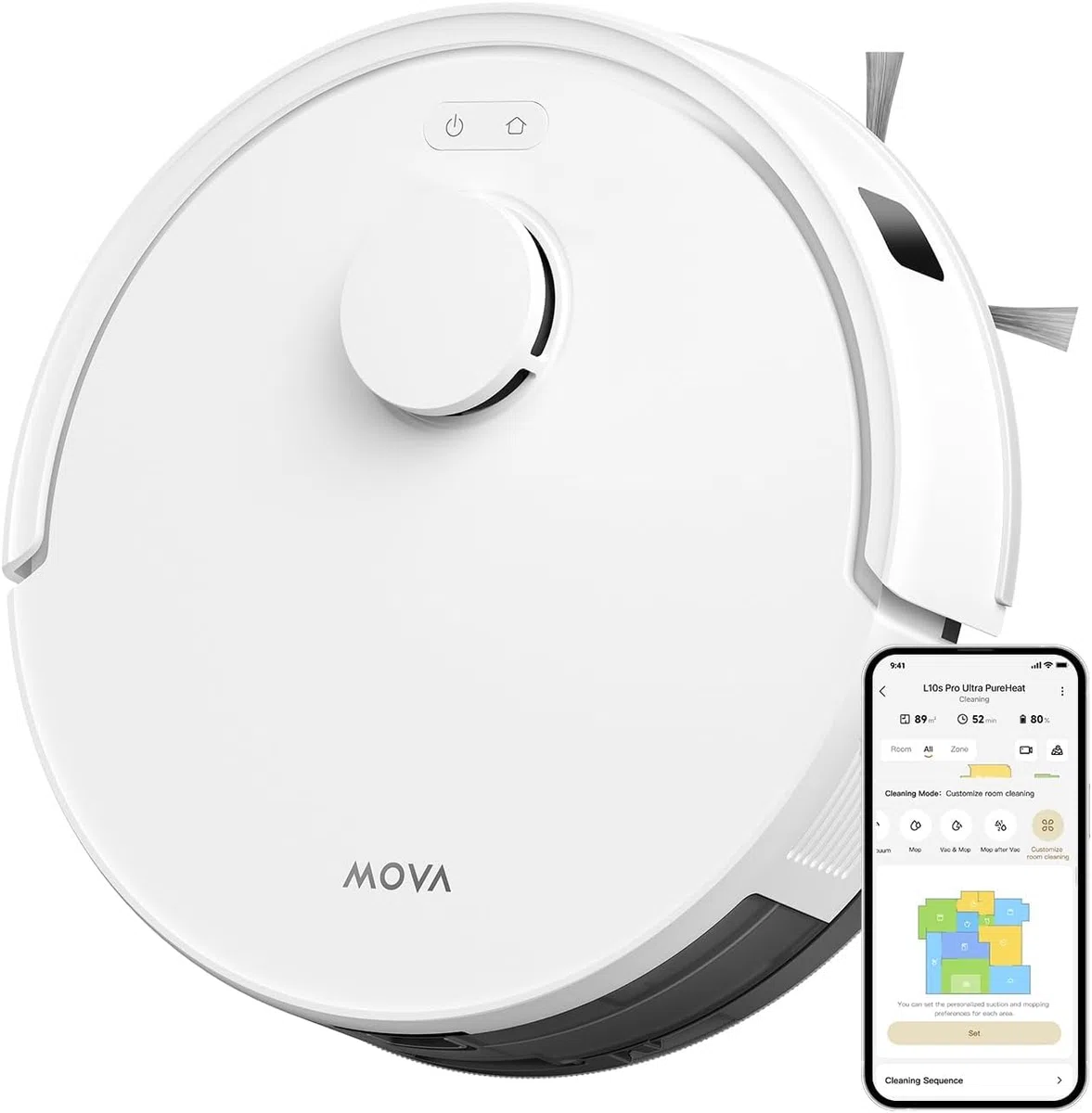 Mova E20 Robot Aspirador y Fregasuelos, Navegación LDS, 5,000 Pa, 150mins Aspiradora y Mopa 2 en 1, Control App/Alexa/Google, Tecnología Smart Pathfinder™, Ideal para Pelo de Mascotas y Alfombras