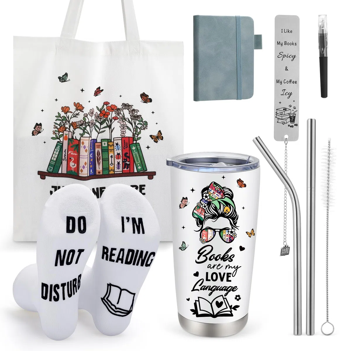 saerryor Set de Regalos para Amantes de los Libros para Mujeres, 6 PIEZAS Regalos para Amantes de los Libros Incluyen Vaso, Bolso de Lienzo, Calcetines, Bolígrafo, Cuaderno, Marcadores para Lectores