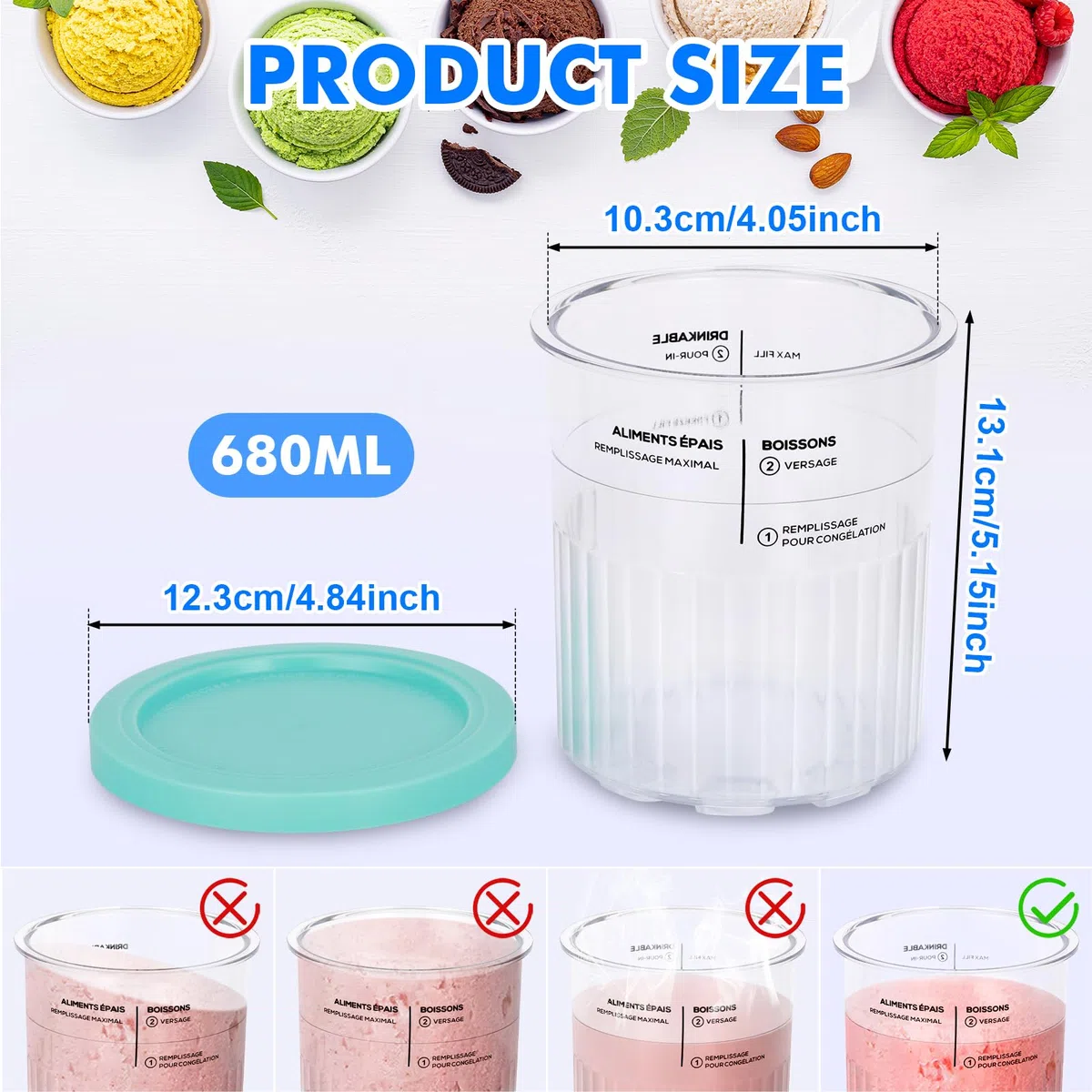 Hejo 4 Piezas Recipiente de Helado para Ninja Creami Deluxe Pints, 680 ML Recipiente para NC500 NC501, Dessert Tubs de Helado con Tapa y Cuchara, Accesorios para Ninja Ice Creami