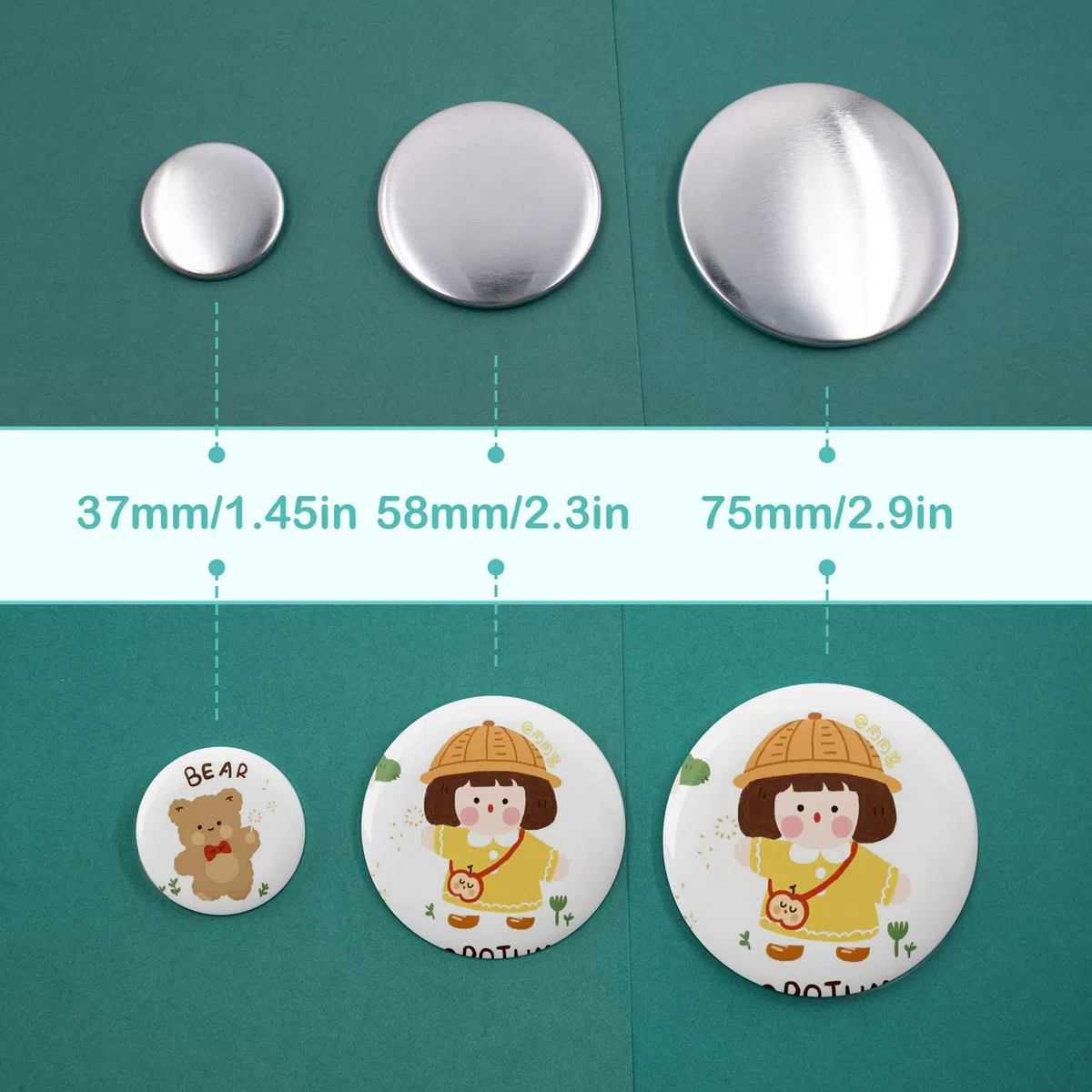 100 piezas 58mm Botón de Pin Redondo Bandejas Button proporciona piezas de botón trasero para el proceso DIY de la máquina de fabricación de botones, incluyendo la carcasa metálica