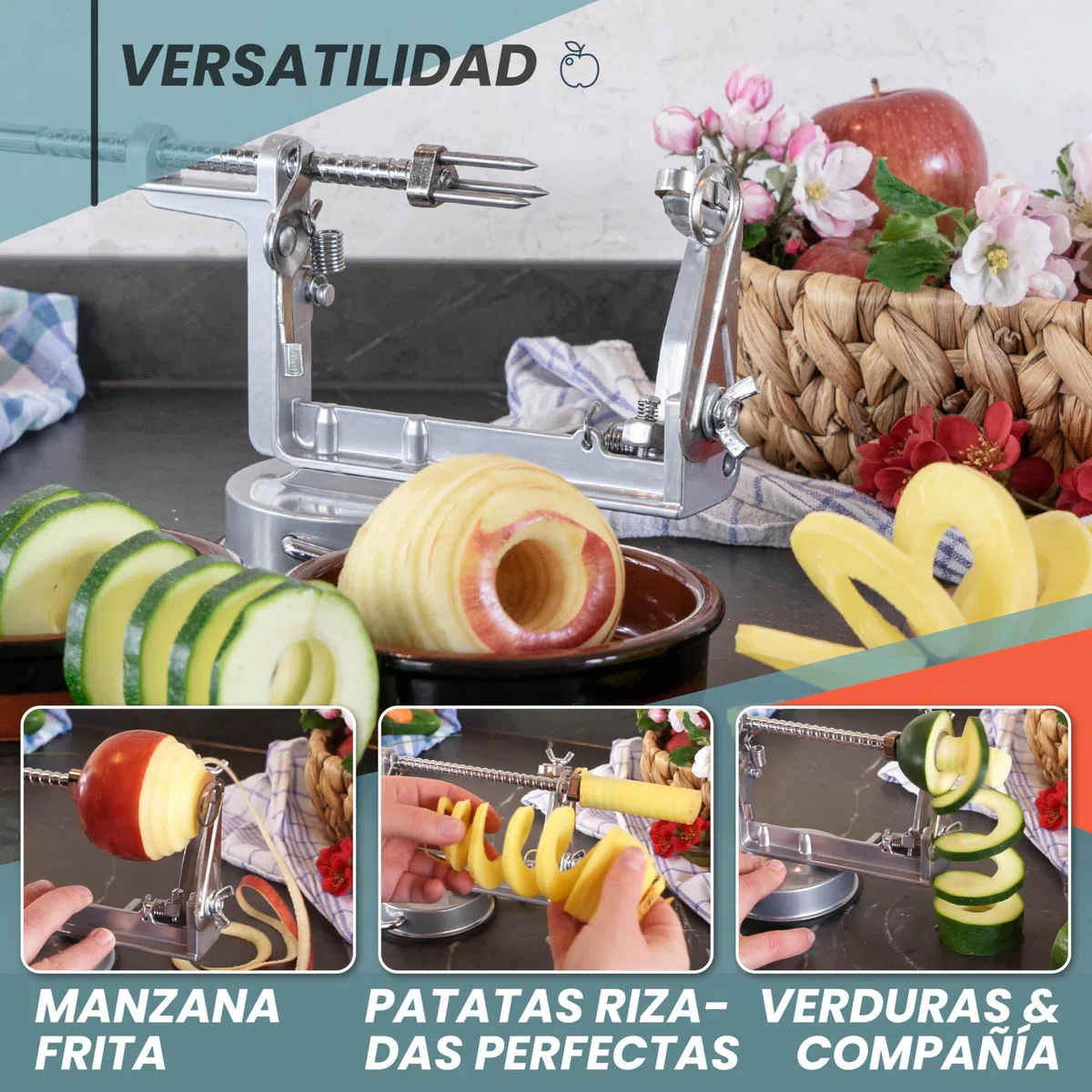 Pelador de manzanas "Deluxe" de acero inoxidable Función 3 en 1 pelador económico cortador de manzanas descorazonador de manzanas