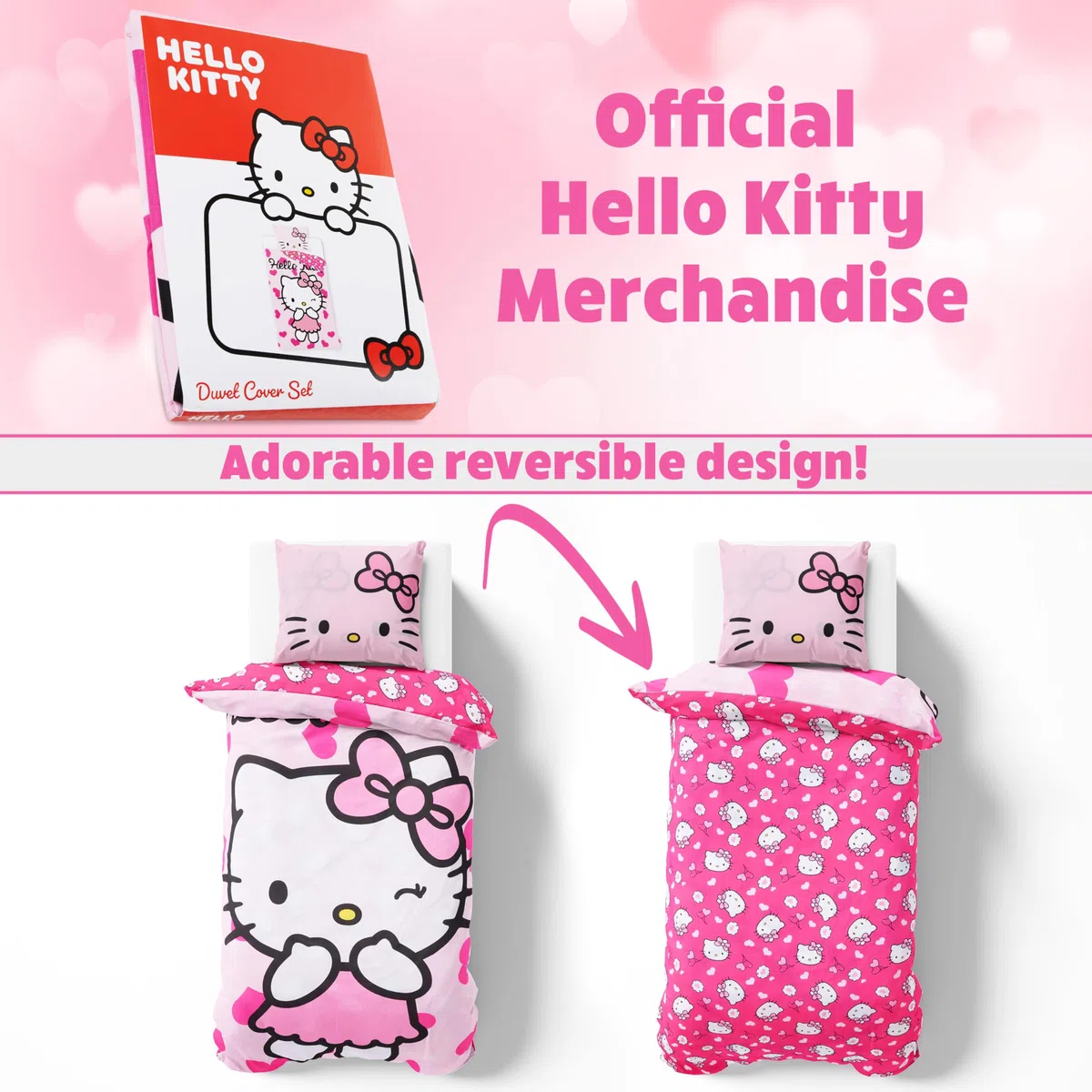 Hello Kitty Sanrio Juego de Cama Individual con Funda Nórdica Reversible 135x200cm y Funda de Almohada, Kuromi Cinnamoroll Accesorios Habitacion (Rosa Hello Kitty, Individual)