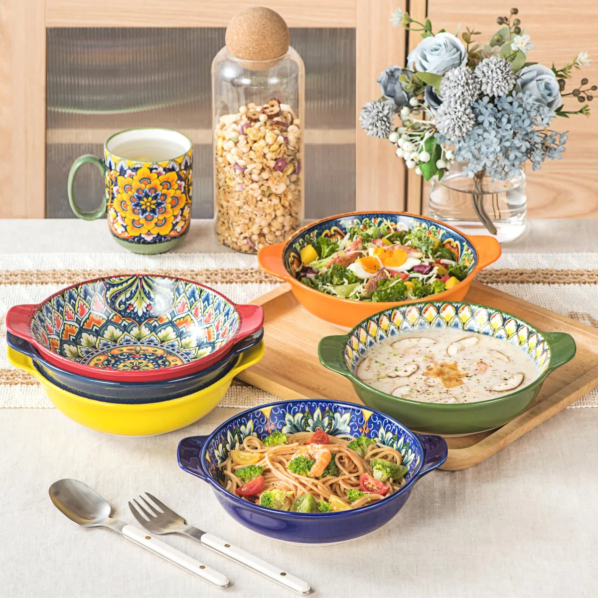Henten Home Cuencos para Pasta, Juego de 6 Platos Hondos de Cerámica, 900 ml Cuencos de Sopa, Platos Sopa, Cuencos Grandes de Cerámica para Servir Ensalada y Cocina