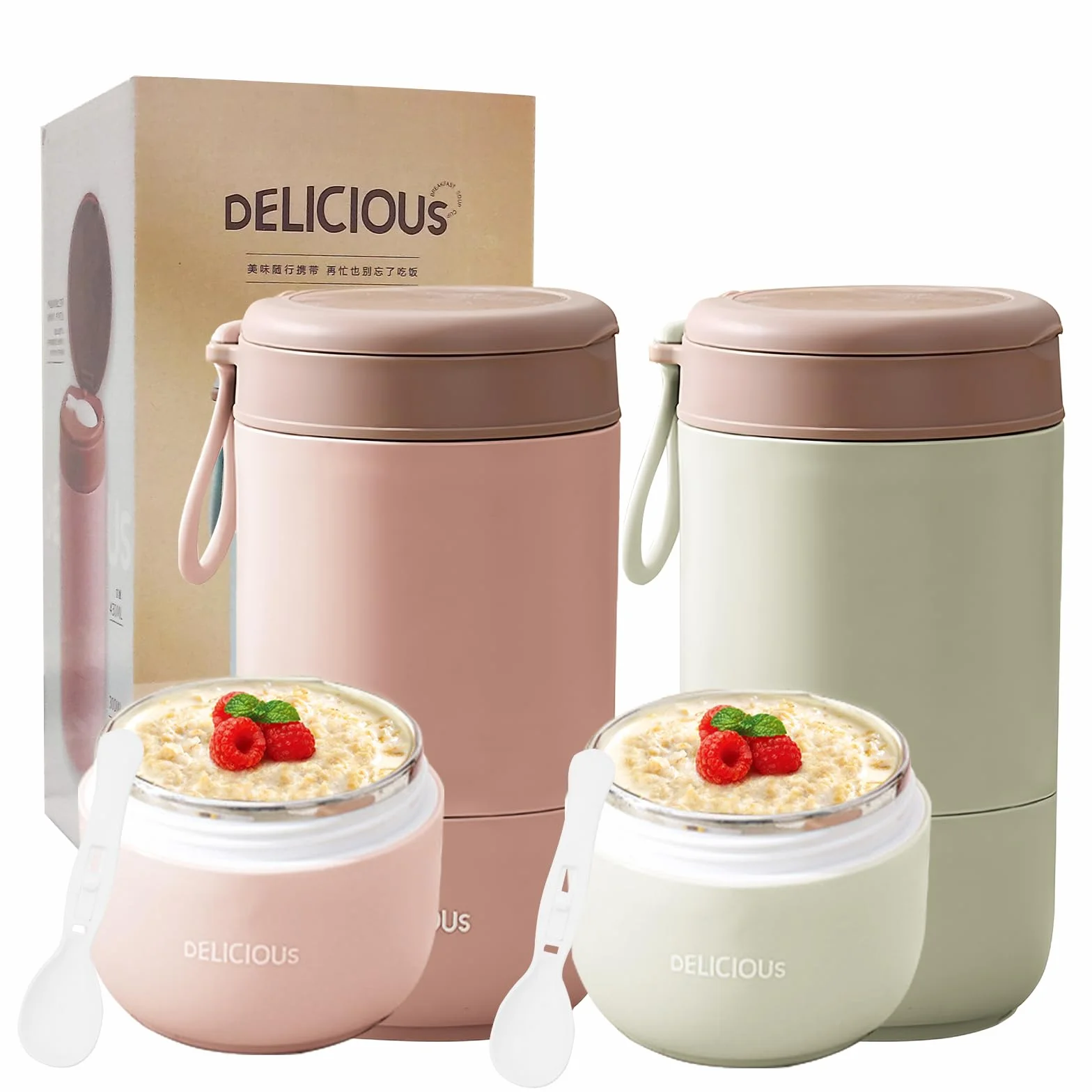 Chedin Vaso de cereales para llevar, acero inoxidable, 730 ml, a prueba de fugas, cuchara y tapa, tarros doble capa, perfectos para el trabajo (rosa, tamaño)