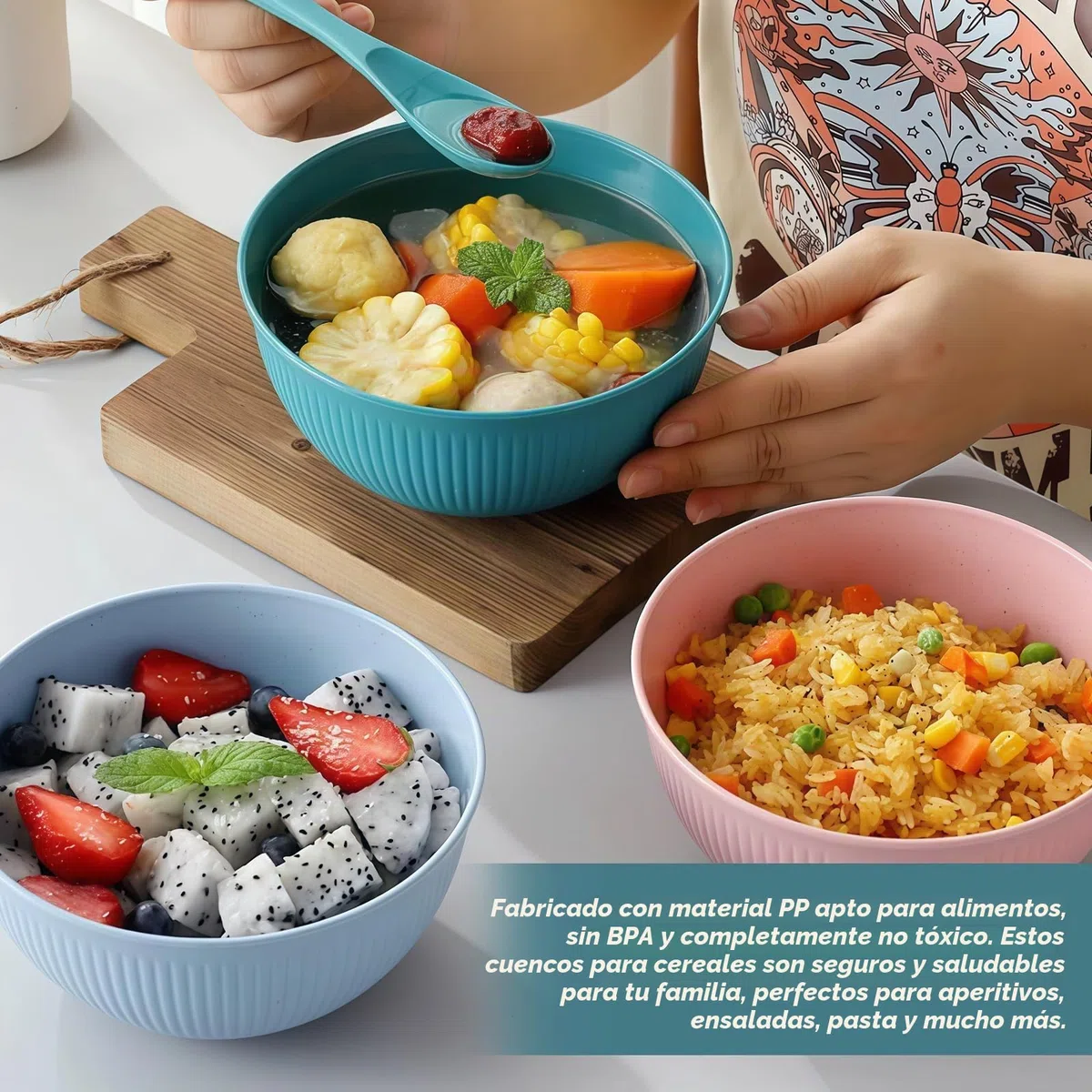 Juego de 8 cuencos de plástico irrompibles, reutilizables, para sopa, microondas y lavavajillas, 8 colores, 680 ml