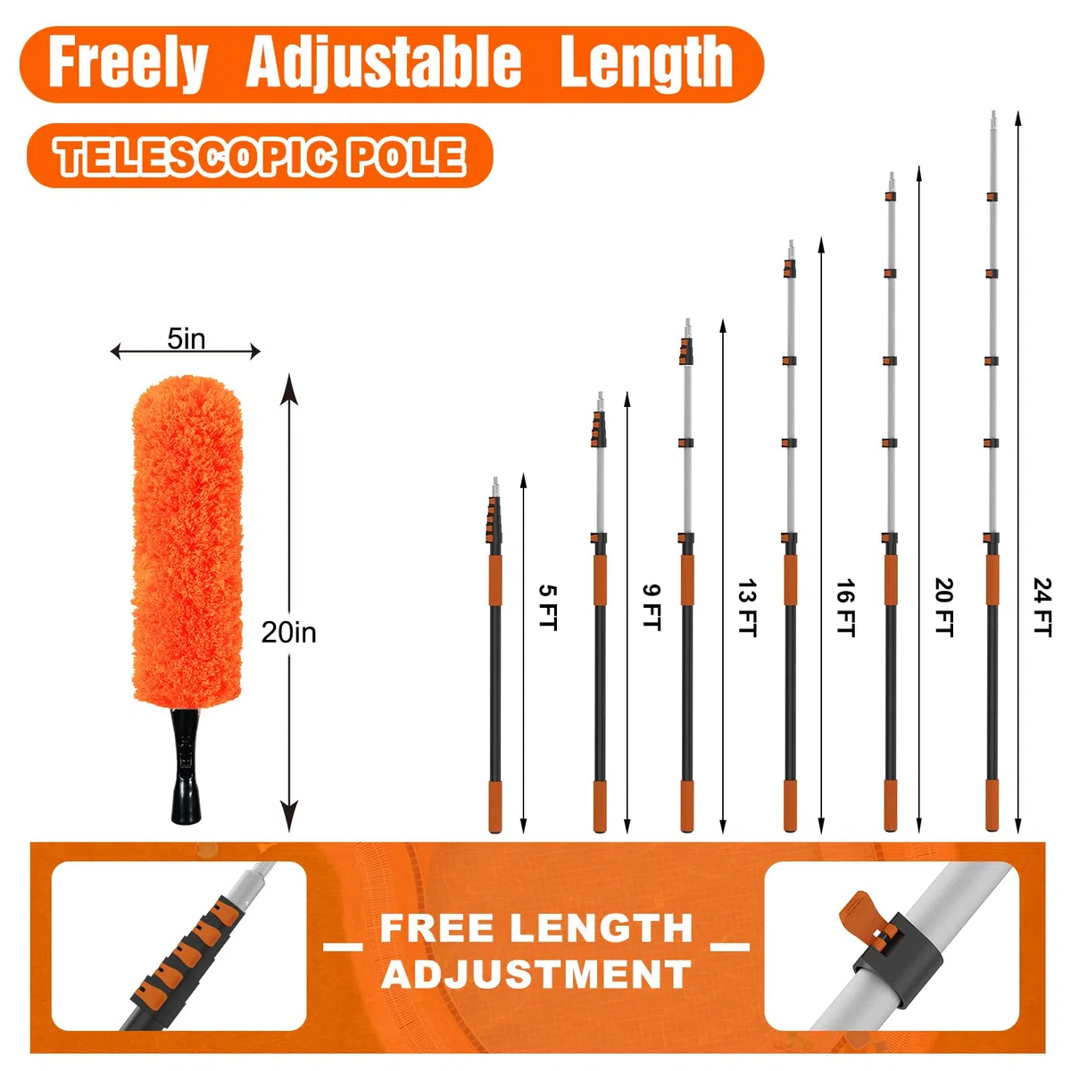 SISUPASSIE Kit de plumero extensible de 7,2 m, kit de limpiador de paredes y ventanas de mango largo con poste extensible profesional, plumero lavable de largo alcance para limpiar ventanas, telarañas