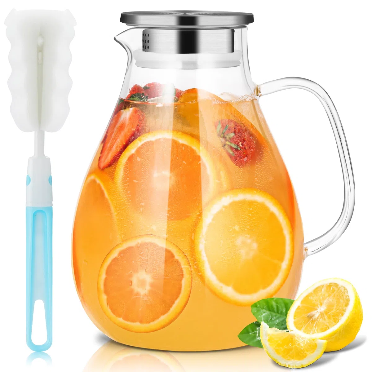 SUSTEAS Jarra de Cristal de 2,5 Litros con Tapa y Asa Ancha, Fácil de Limpiar para Frigorífico, para Agua Fría/Caliente, Té Helado, con Cepillo