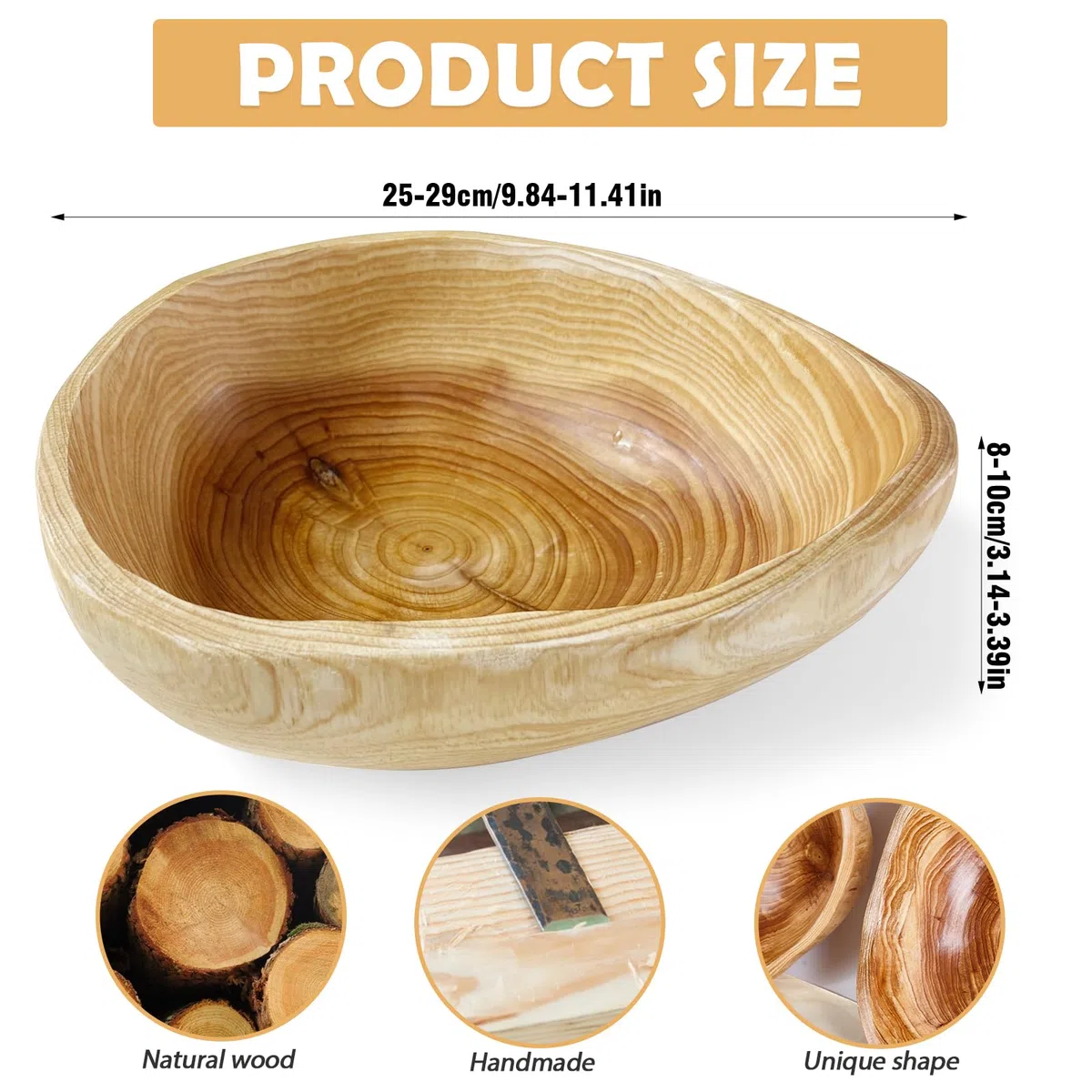 Frutero de madera hecho a mano – Cuenco de madera natural decorativo en forma irregular, ensaladera rústica de madera para frutas, aperitivos o decoración de mesa, ideal para cocina y salón (20-24 cm)