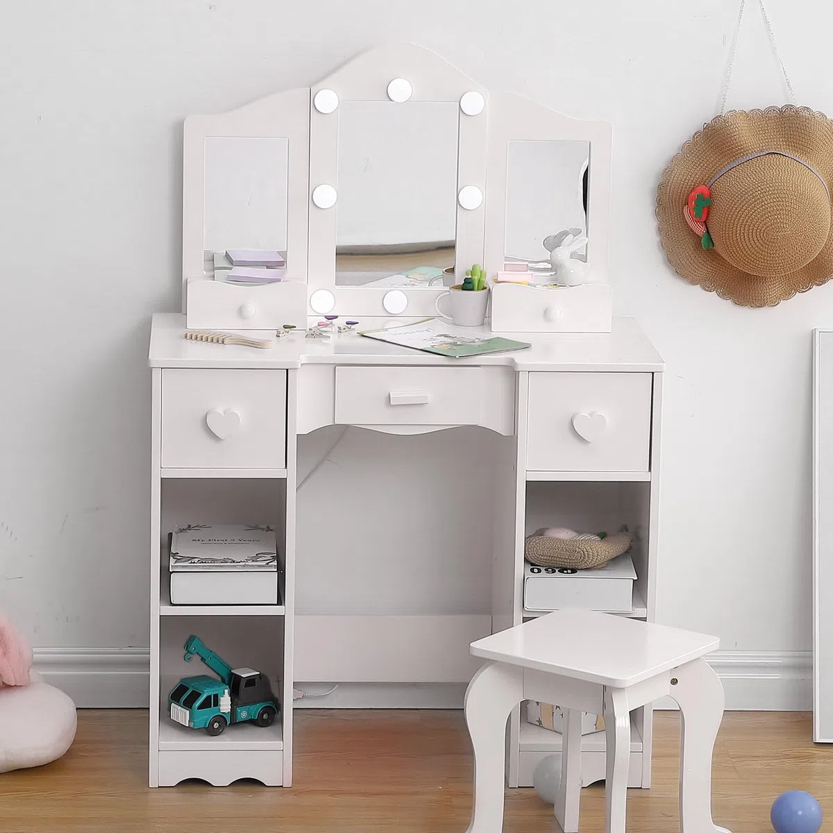 GarveeHome Tocador Infantil de Madera con Espejo LED y Taburete – Mesa de Maquillaje Blanca escandinava para niñas, 5 cajones y 4 Compartimentos Abiertos, Dormitorio o Zona de Juegos – Color Blanco