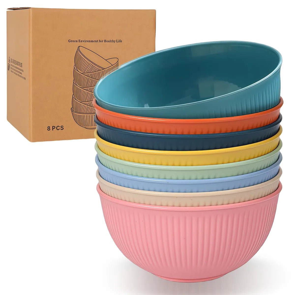 Juego de 8 cuencos de plástico irrompibles, reutilizables, para sopa, microondas y lavavajillas, 8 colores, 680 ml