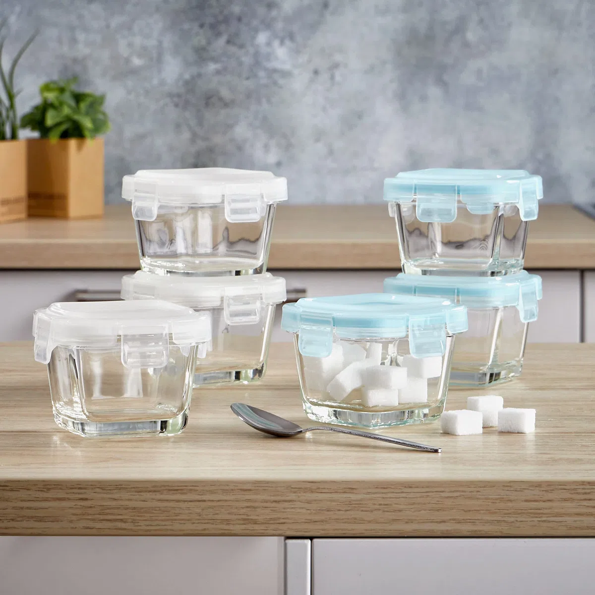 Grizzly Recipientes de vidrio para almacenamiento de alimentos para bebés - Mini platos a prueba de horno con tapas - Cuadrado de 6 x 160 ml - Hermético al aire y a los líquidos
