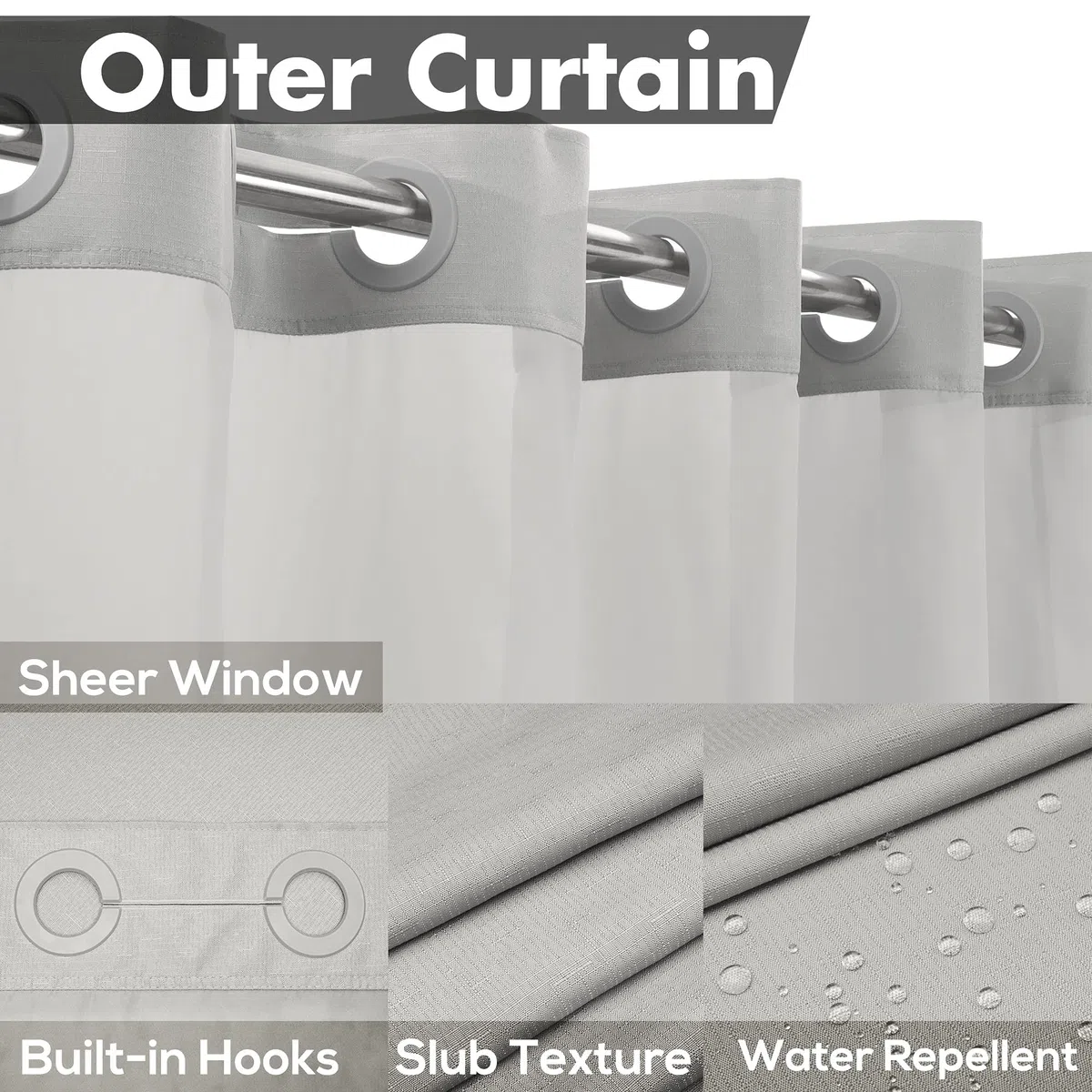 Juego de Cortina de Ducha Texturizada sin Gancho con Forro de PEVA a presión, 71 x 74 Pulgadas, Estilo Hotel con Ventana Superior Transparente, Lavable a máquina y Repelente al Agua, Gris, 71 x 74