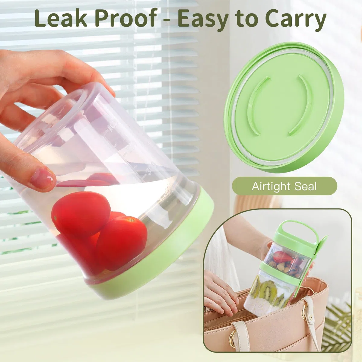 Luxear Juego de 2 Portátil Taza de Cereales y Yogur 560ml+360ml, Reutilizable Taza para Cereales para Llevar con Tapa y Cuchara, Libre de BPA, Ideal para Yogur, Frutos Secos y Avena, Blanco y Verde