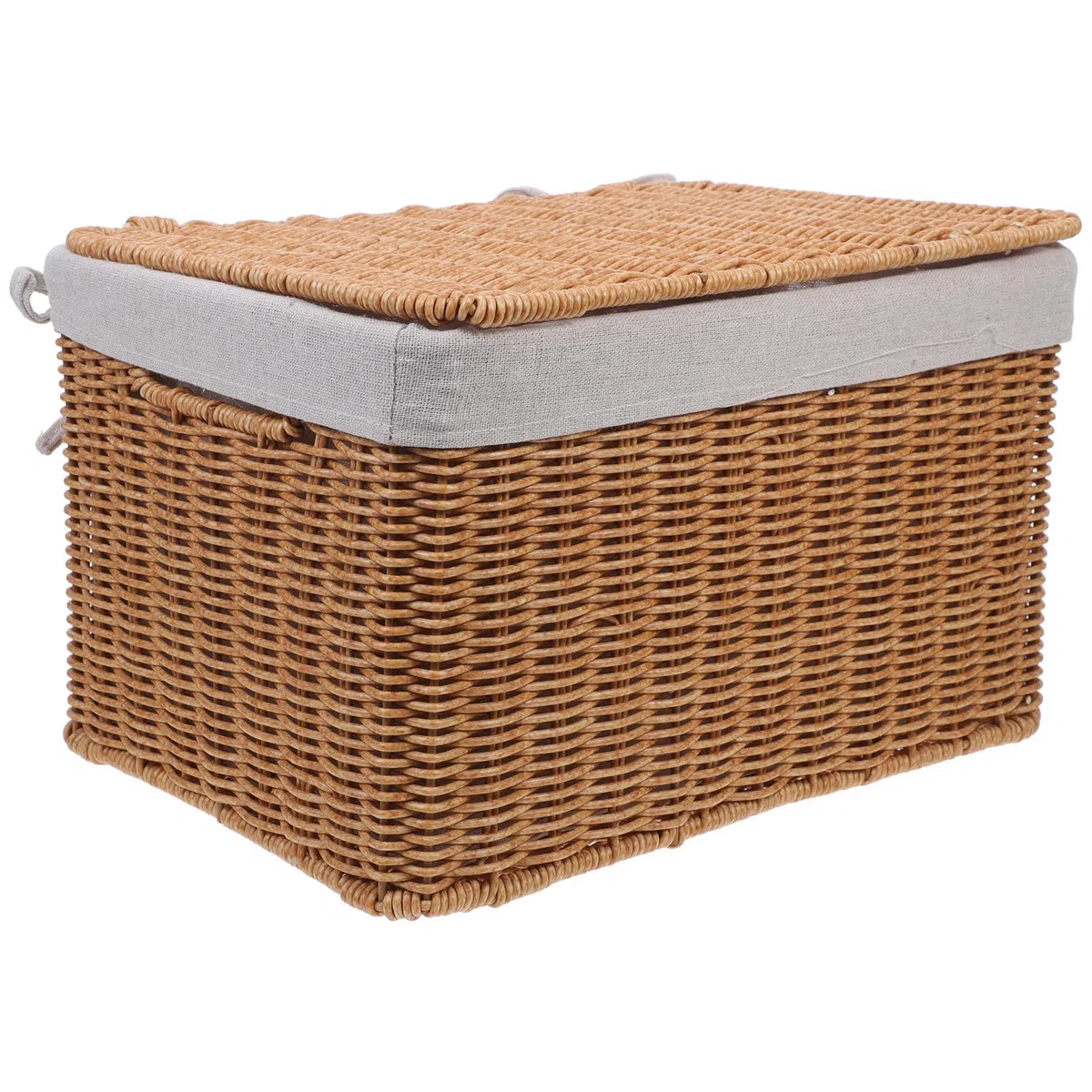 Cesta Rectangular de Mimbre Sintético con Tapa y Forro Interior, Tamaño Mediano 32x22x18 Cm, Organizador Versátil para Ropa, Libros y Artículos del Hogar, Cesta de Almacenaje