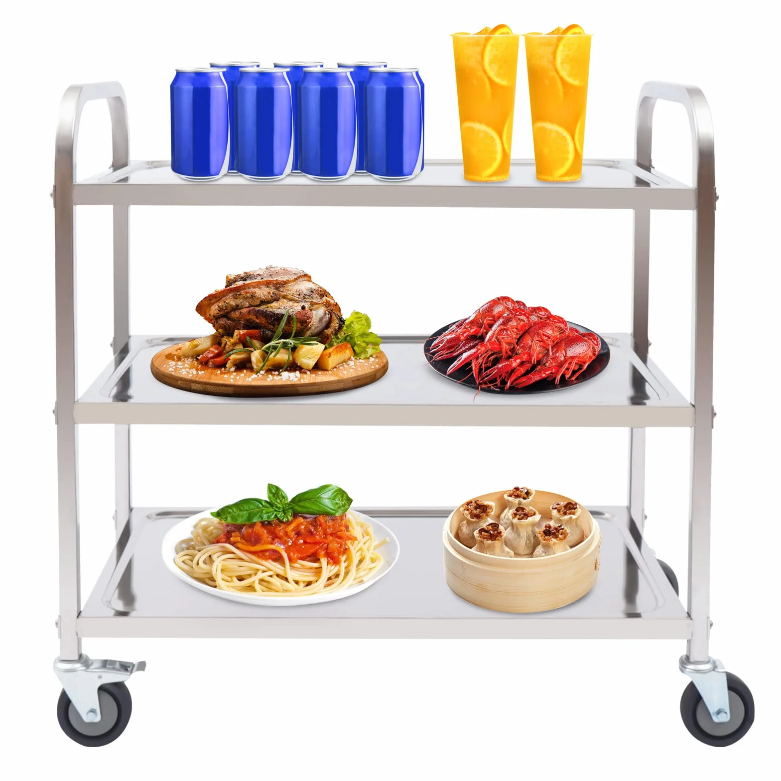 Carro de servicio de acero inoxidable con 3 estantes, para cocina, con ruedas, para hoteles, hospitales, escuelas, 85 x 45 x 90 cm