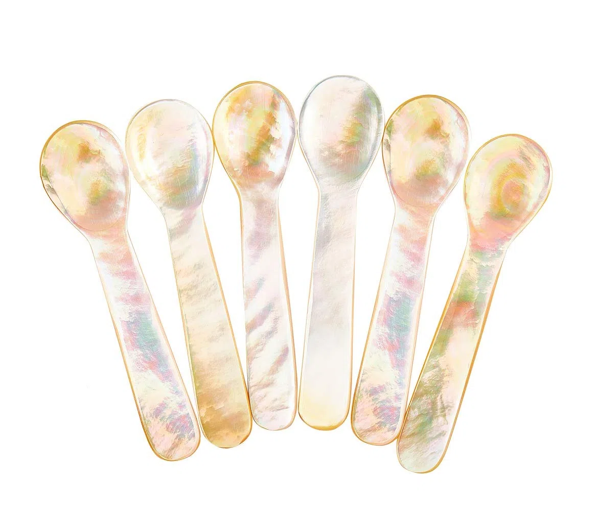 DUEBEL Juego de 6 Cucharas MOP Brillantes de Nácar de 7.5 cm para Caviar, Huevo y Helado (Brillantes)