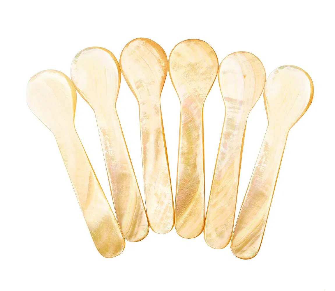 DUEBEL Juego de 6 Cucharas MOP Brillantes de Nácar de 7.5 cm para Caviar, Huevo y Helado (Brillantes)