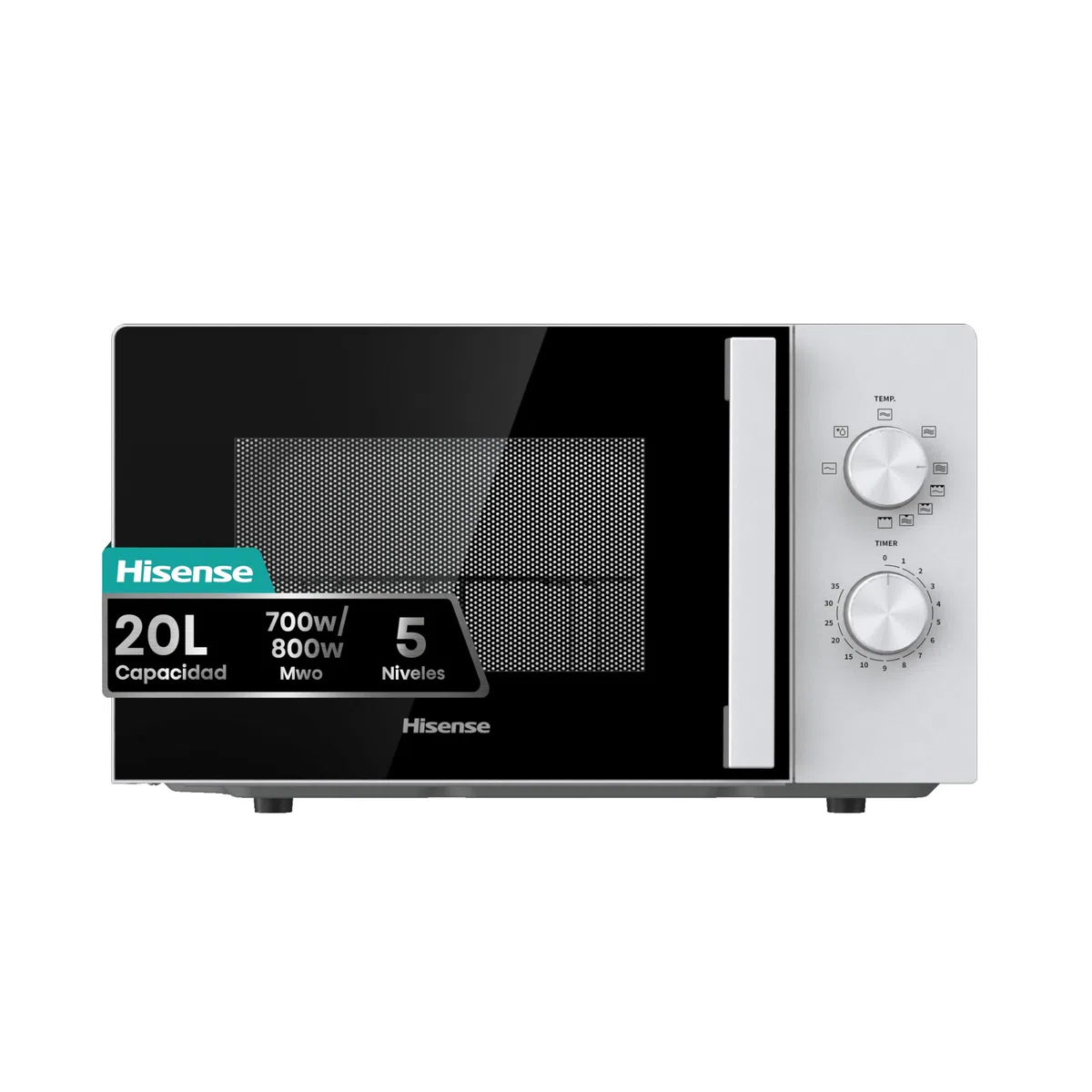 Hisense H20MOWP1HG - Microondas con Grill 20L, 1000W, Revestimiento Cerámico, Cristal Premium, 5 Niveles de Potencia, Función de Descongelación, Fácil Limpieza, Temporizador cocción, Blanco
