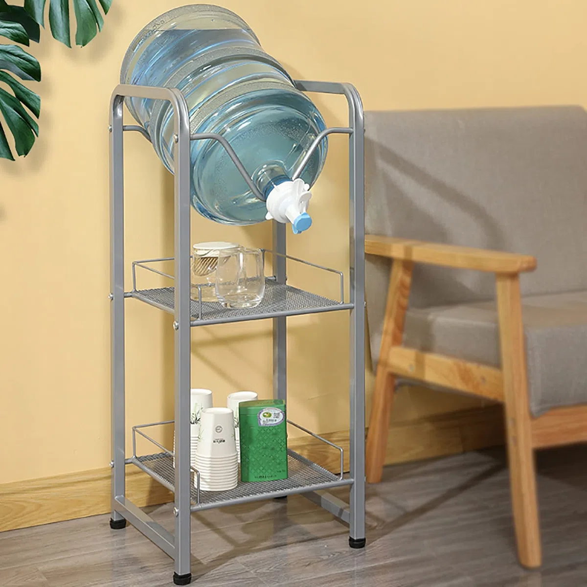 Estante para jarras de agua, estante para cubos, soporte para jarras de agua, enfriador de botellas de agua, estante para jarras con 2 estantes de almacenamiento, dispensador de agua para despens