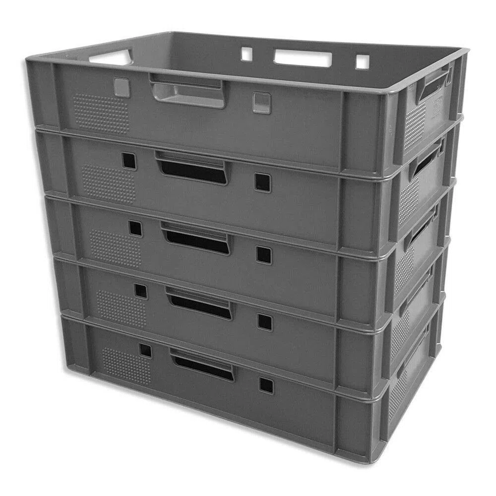 Juego de 5 cajas E1 Eurobox para carnicero, 60 x 40 x 12,5 cm, estable, aptas para alimentos, color gris
