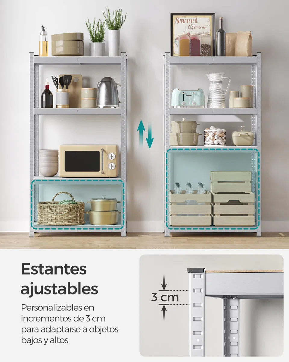 SONGMICS Estantería de 4 Niveles, Juego de 2 estanterías de Acero para Almacenamiento, Montaje sin Tornillos, para Garaje, cobertizo, Capacidad de Carga de 520 kg Cada una, 40 x 80 x 160 cm, Plata