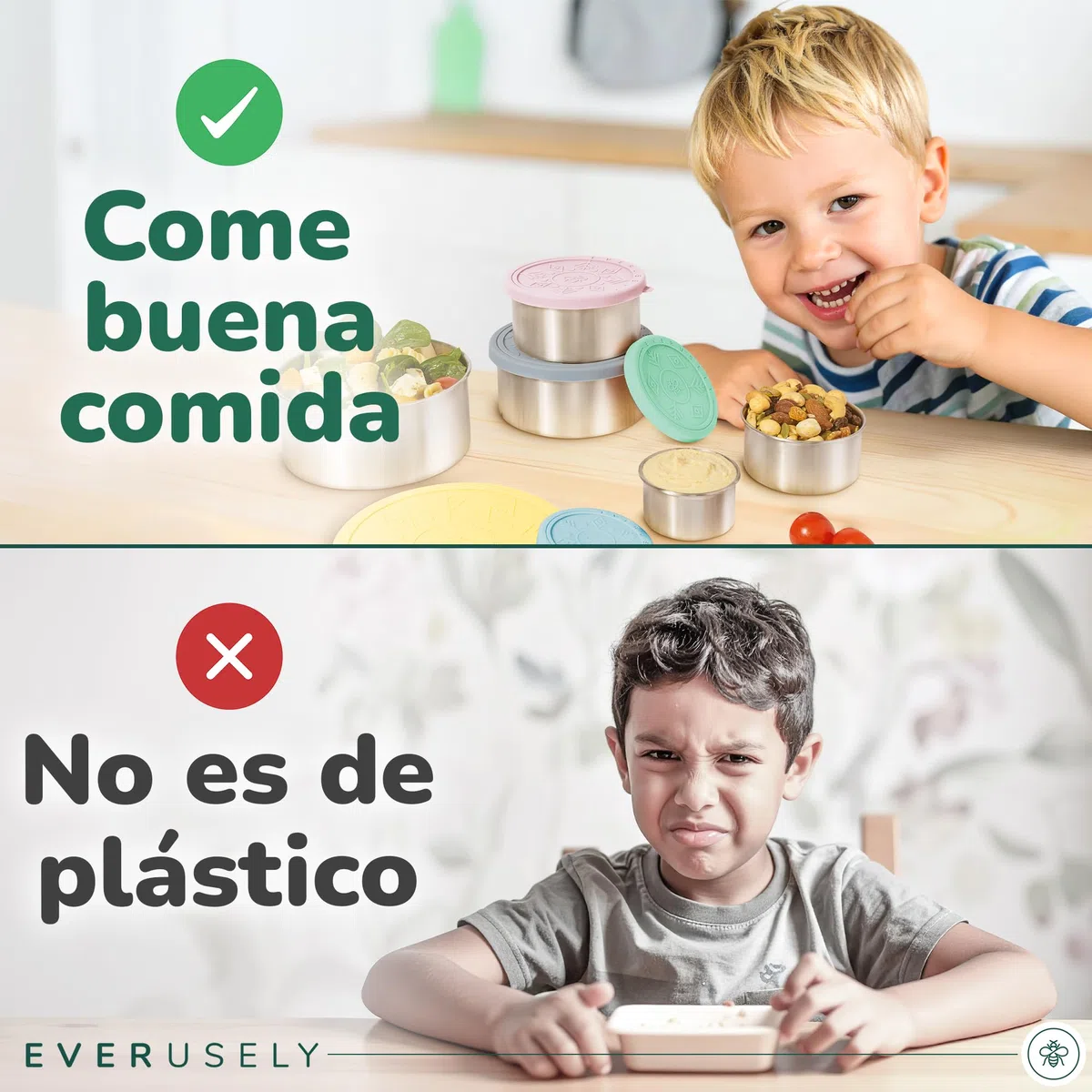 Everusely - Fiambrera de acero inoxidable con tapa hermética - Juego de 5, colección Bright - Fiambrera hermética - Recipientes apilables para la preparación de comidas