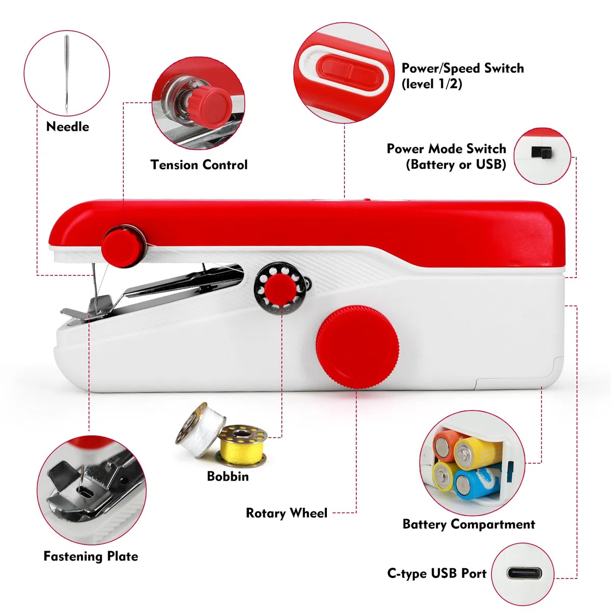 Máquina de Coser Portátil de Mano, Mini para Principiantes, Eléctrica con Puntada Rápida y Velocidad Ajustable, Kit de Reparación de Ropa DIY para Hogar y Viaje con Accesorios (Rojo)