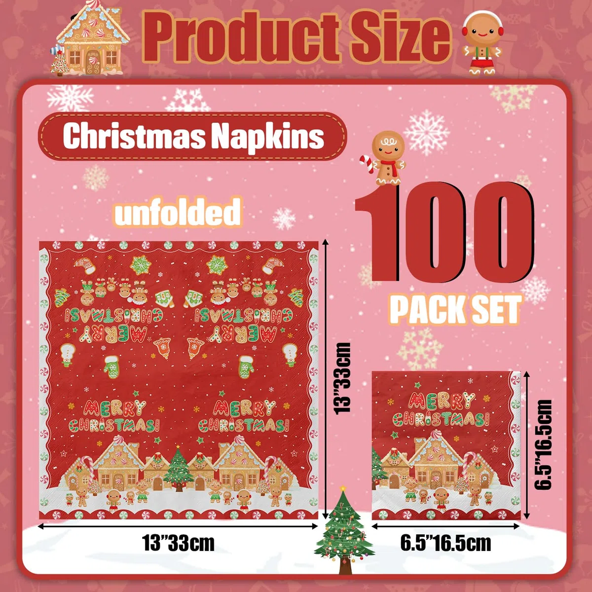 100 servilletas de Navidad de pan de jengibre, 13 x 13 pulgadas, copos de nieve, servilletas de papel para almuerzo, servilletas rojas de Papá Noel, para Año Nuevo, invierno, vacaciones, suministros