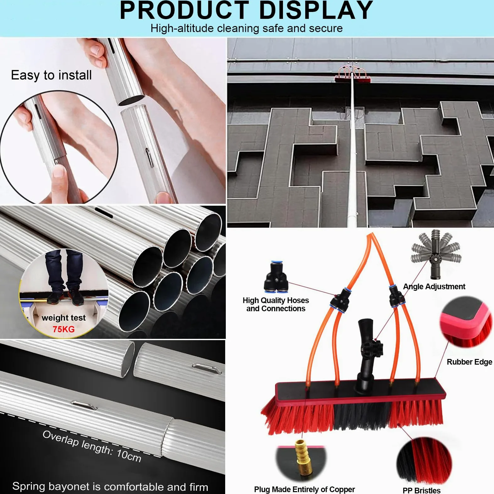 Kit de Limpieza de Ventanas con Agua a presión: pértiga Extensible de 3 m a 12 m con Cepillo de 35 cm para Ventanas Altas, techos, Coches y Suelos. Equipo de Limpieza con Cepillo y
