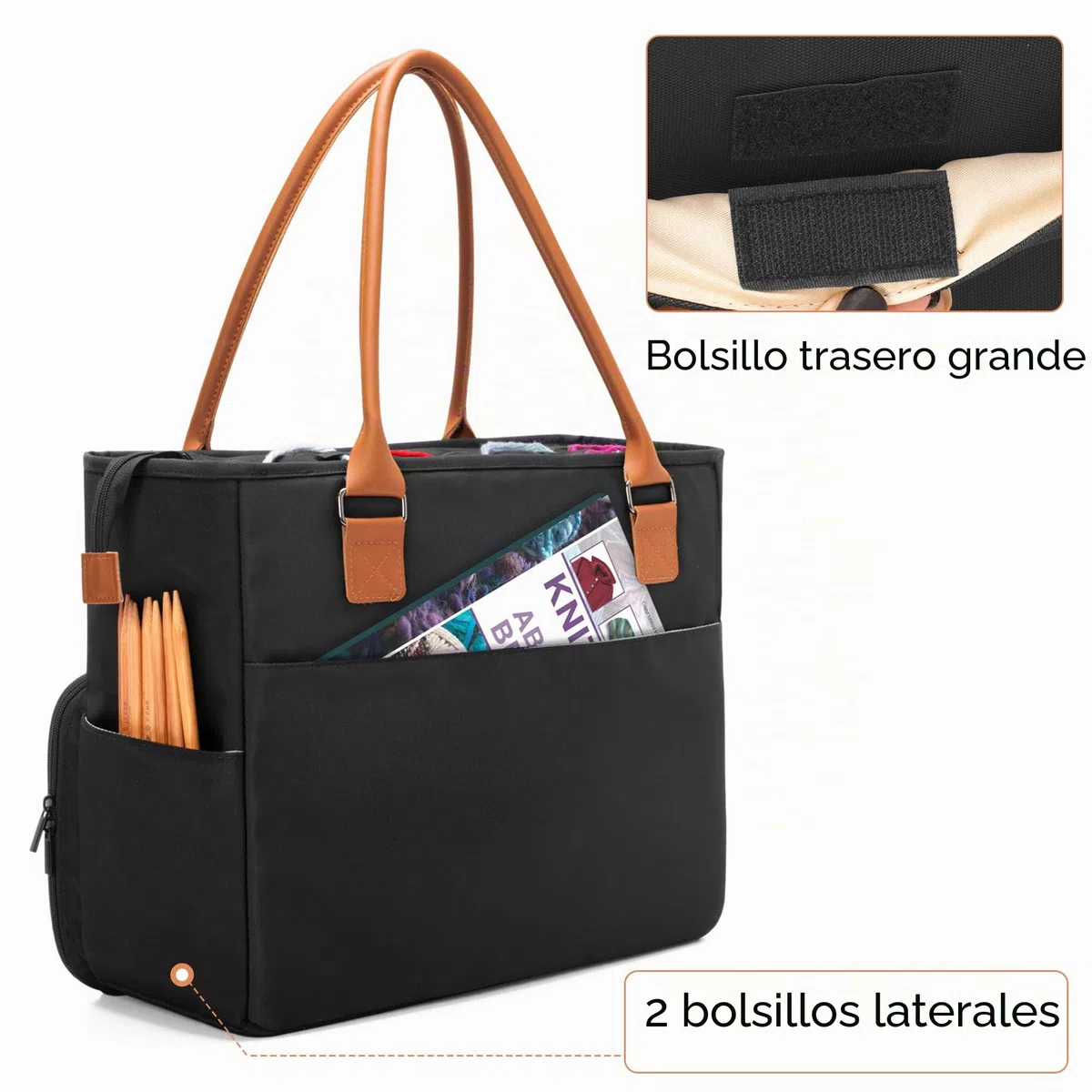 Yarwo Bolsa de mano para tejer, Bolsa de Almacenamiento para Agujas de Tejer (Hasta 35.5cm), Ganchillos, Labores de Tejidos, Ovillos y Otros Accesorios de Tejer, Negro.