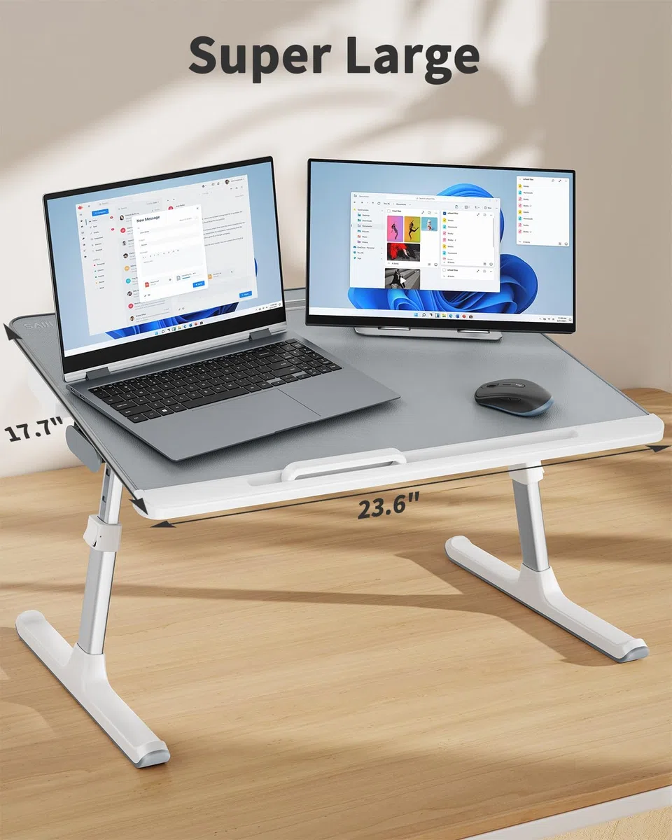 Mesa plegable SAIJI de 60 x 45 cm para cama, escritorio multiusos de alta calidad, ángulo de altura ajustable, con soporte para libros, cajón, ranura para tableta, para comer, trabajar, escribir