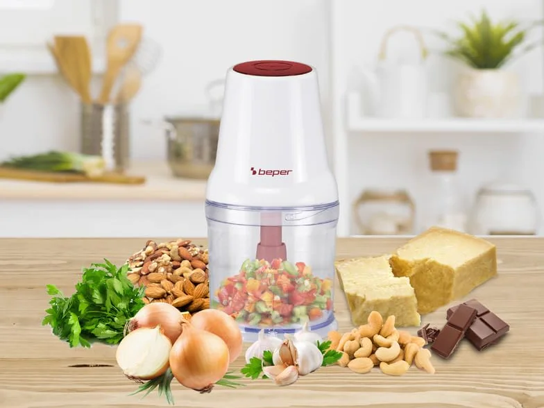 BEPER P102ROB010 Procesador de alimentos de doble cuchilla, 400 W,R de plástico de 500 ml, Cuchillas de acero inoxidable para un picado homogéneo, Sistema de seguridad y pies antideslizantes, Alimenta
