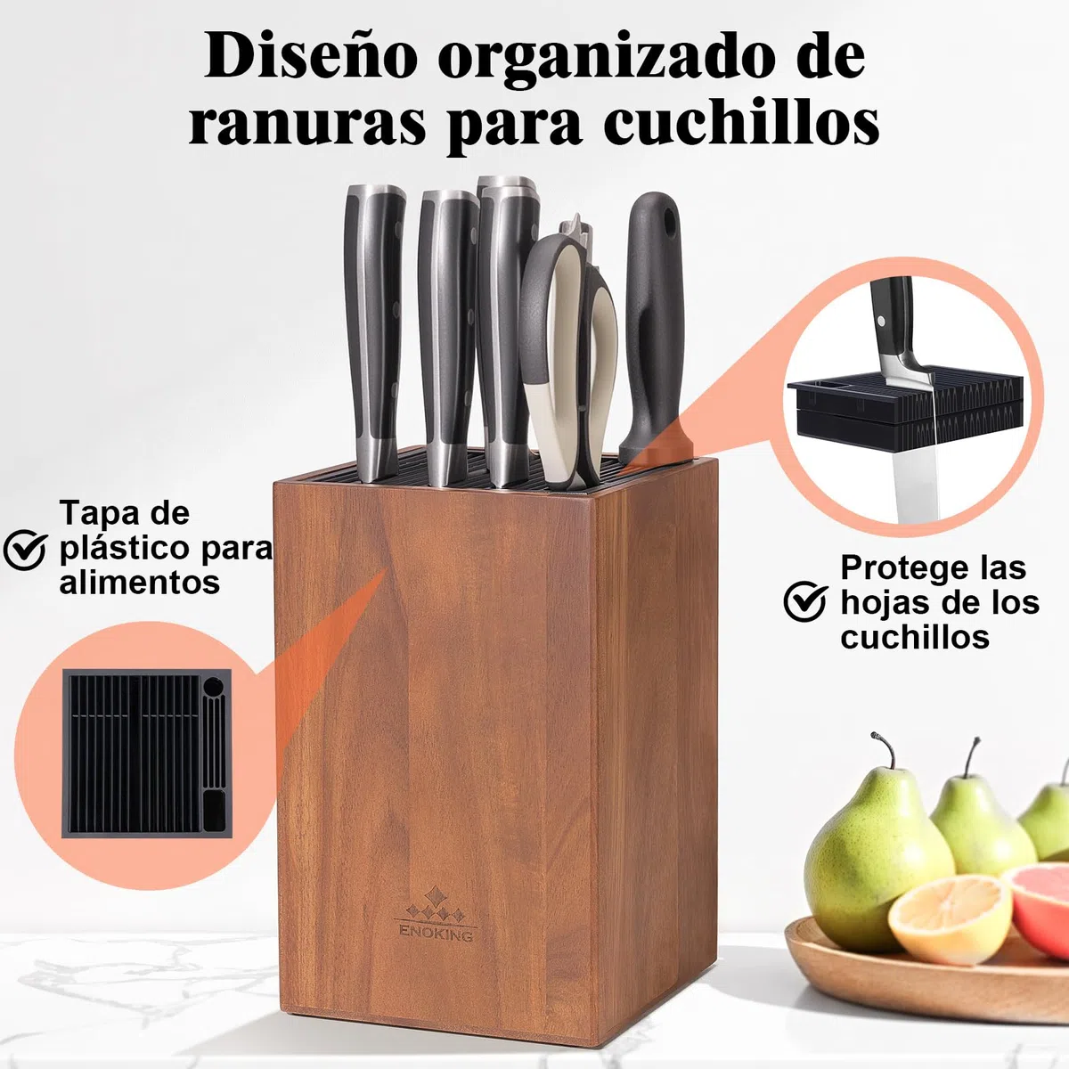 ENOKING Soporte Cuchillos Cocina de Madera de Acacia, tacoma cuchillos Con Tapa de Plástico, porta cuchillos cocina de para Cuchillos y Tijeras/Varilla de Afilar