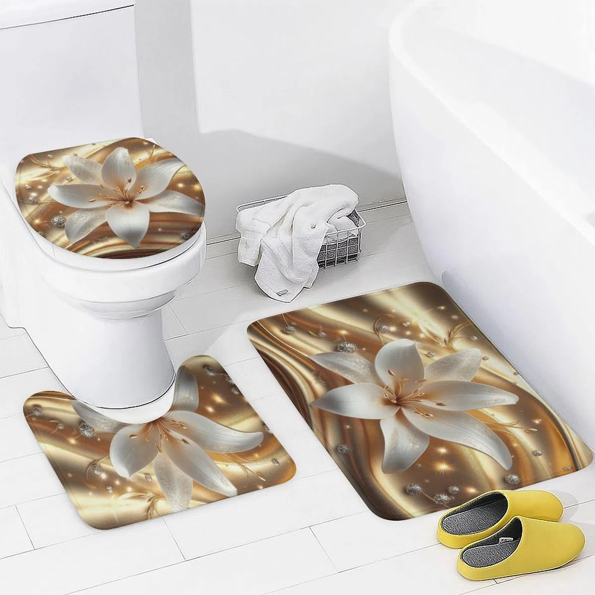 Juego de baño Blanco Flor De Lirio con Cortina de Ducha, alfombras Antideslizante y Accesorios, Juego de Cortinas de Ducha Dorado Ondulado Fondo, Cortinas de Ducha para baño 180cm X 180cm