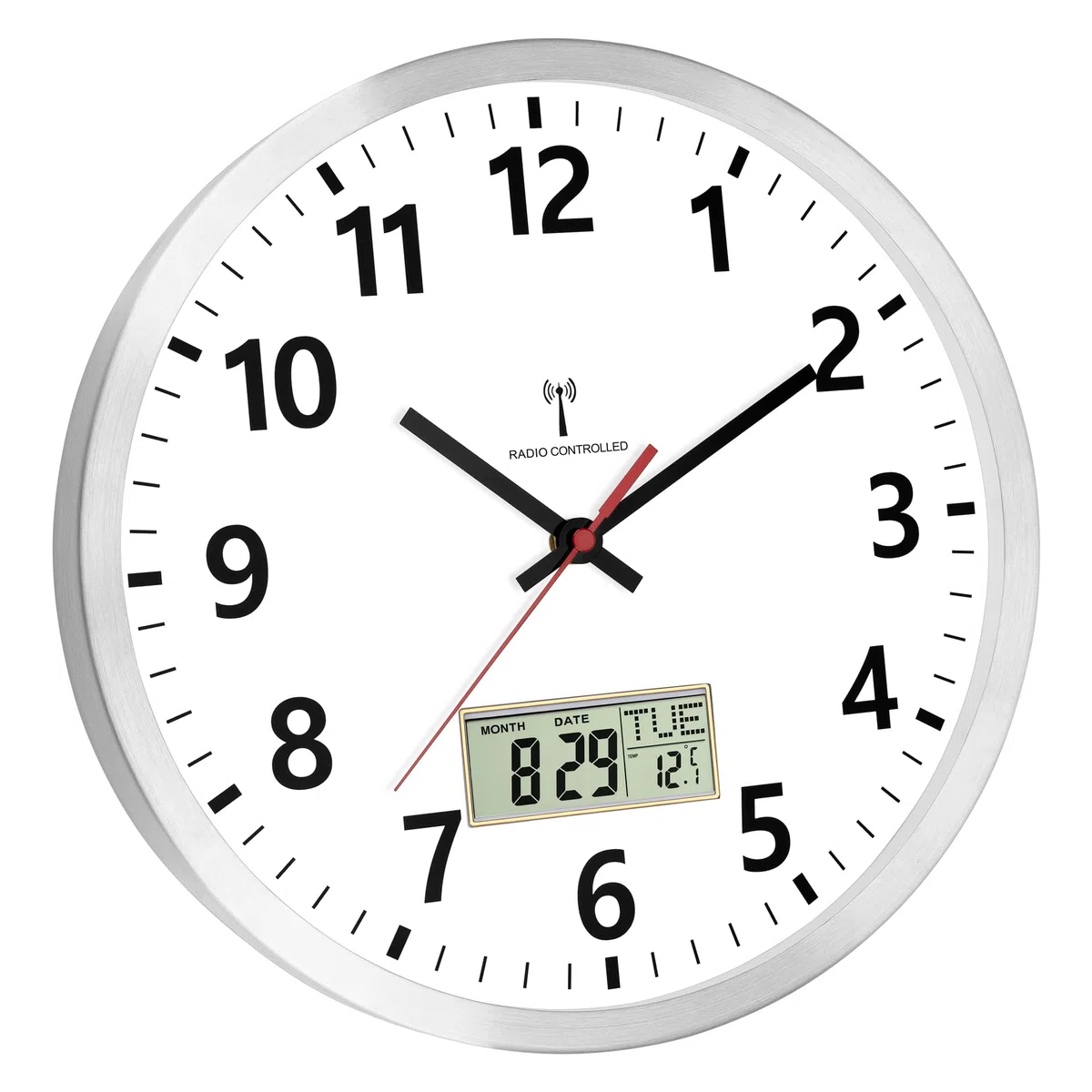 Foxtop Reloj de Pared Digital Radiocontrolado 30 cm Reloj de Cocina con Termómetro y Calendario Segundero Rojo de Fácil Lectura para Cocina, Salón u Oficina